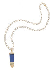 Lapis sun ray pendant on drawn link chain