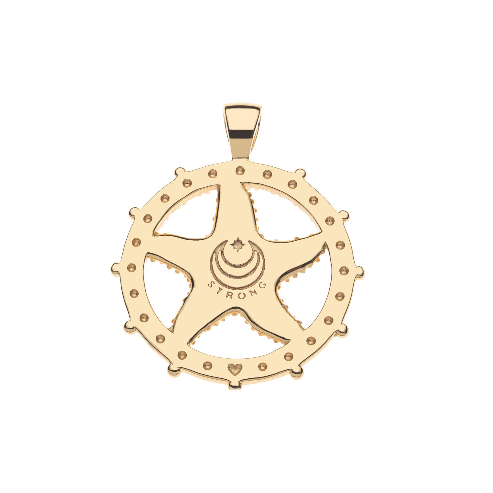 Back of strong light of the ocean pendant features moon and star logo and the word STRONG