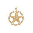Gold cutout coin pendant featuring starfish and border of mother of pearl 