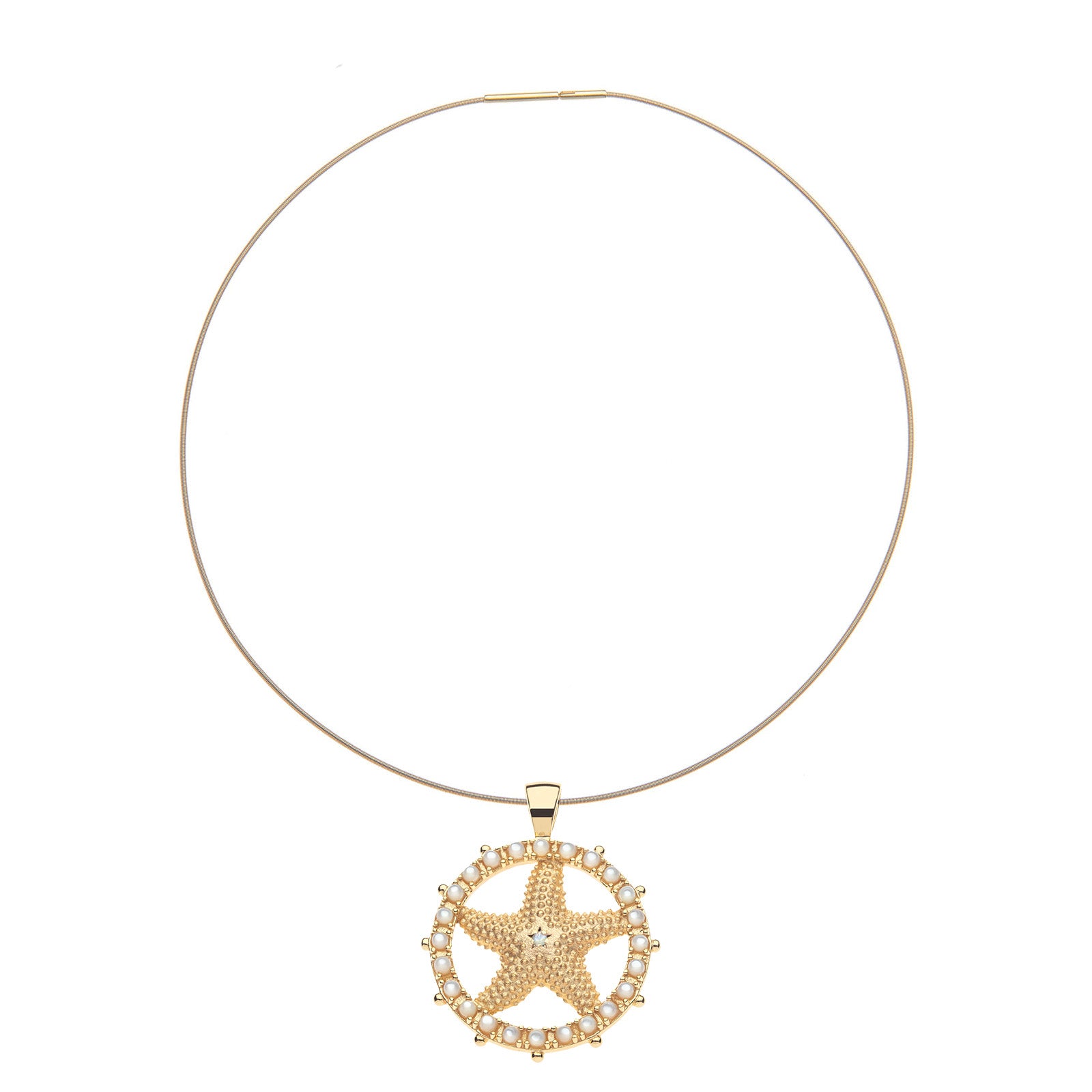 Gold starfish cutout coin on the omega wire