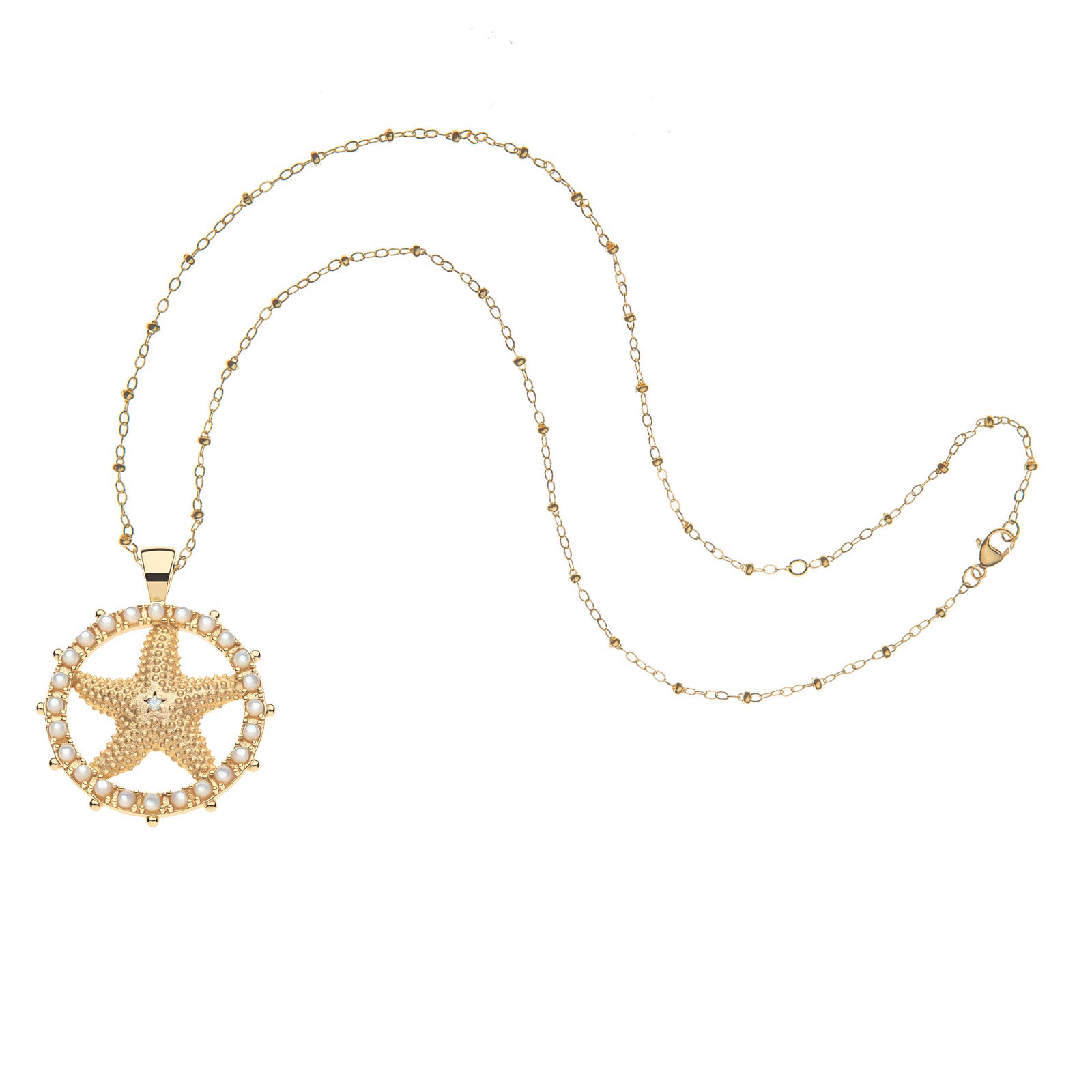 Gold starfish cutout coin on the beaded satellite chain