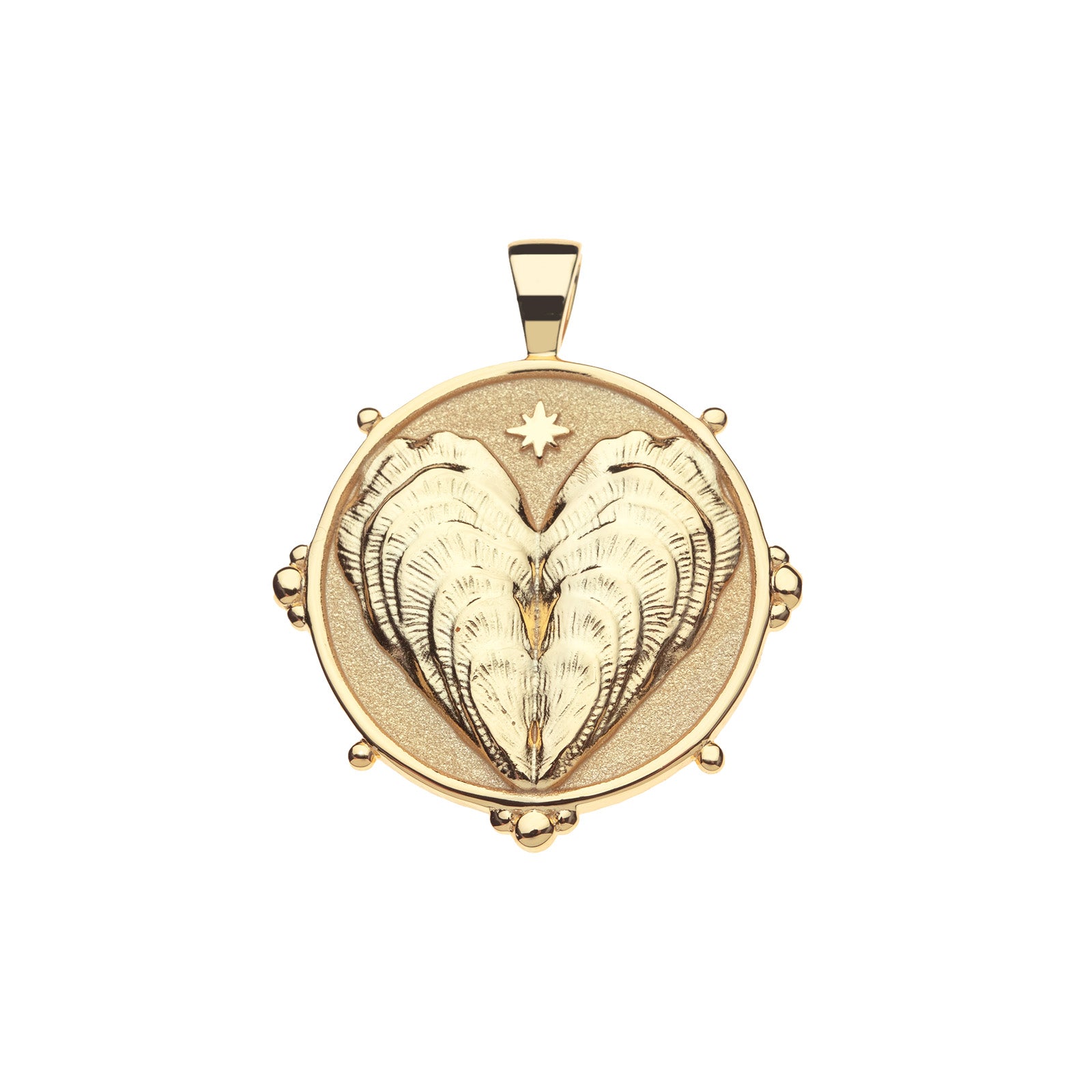 Gold coin pendant features 2 oyster shells that form a heart, with a star detail above
