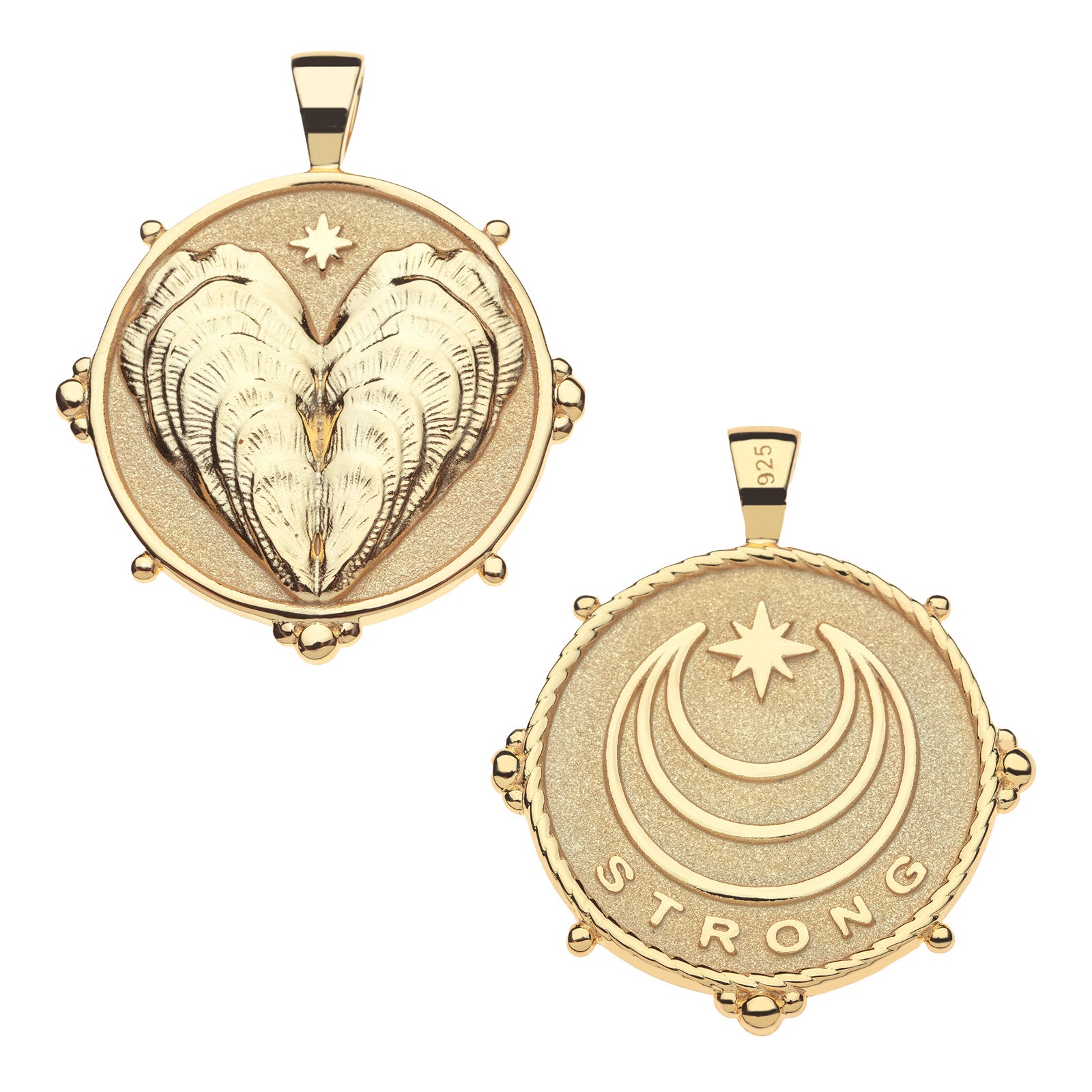 Front and back of strong love of the sea coin pendant. Back features moon and star logo and the word STRONG
