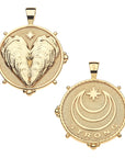 Front and back of strong love of the sea coin pendant. Back features moon and star logo and the word STRONG
