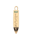 Gold Lucky sun ray pendant features green peridot stone and the word LUCKY