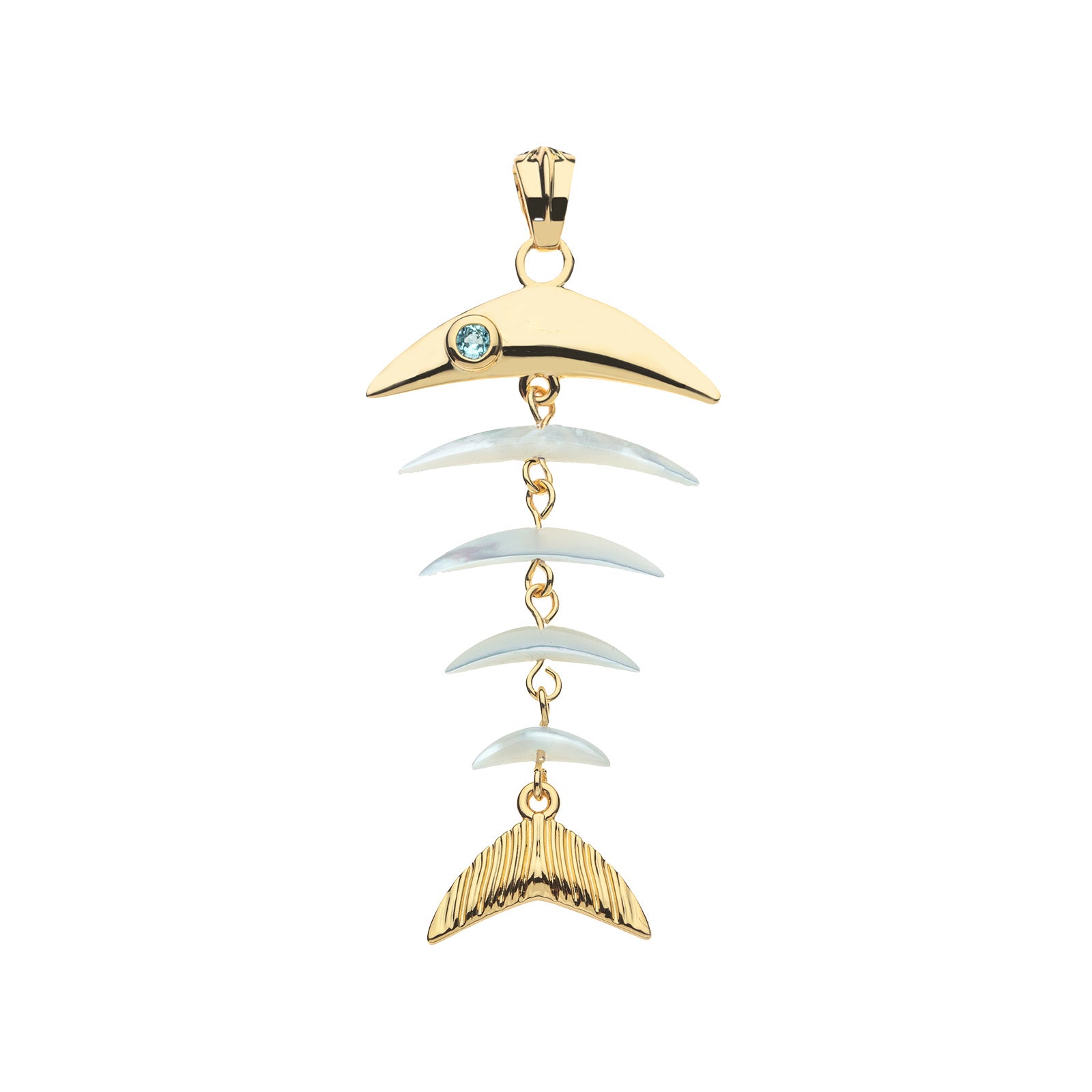 Gold fishbone pendant features mother of pearl "ribs" and aquamarine fish eye
