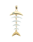 Gold fishbone pendant features mother of pearl "ribs" and aquamarine fish eye
