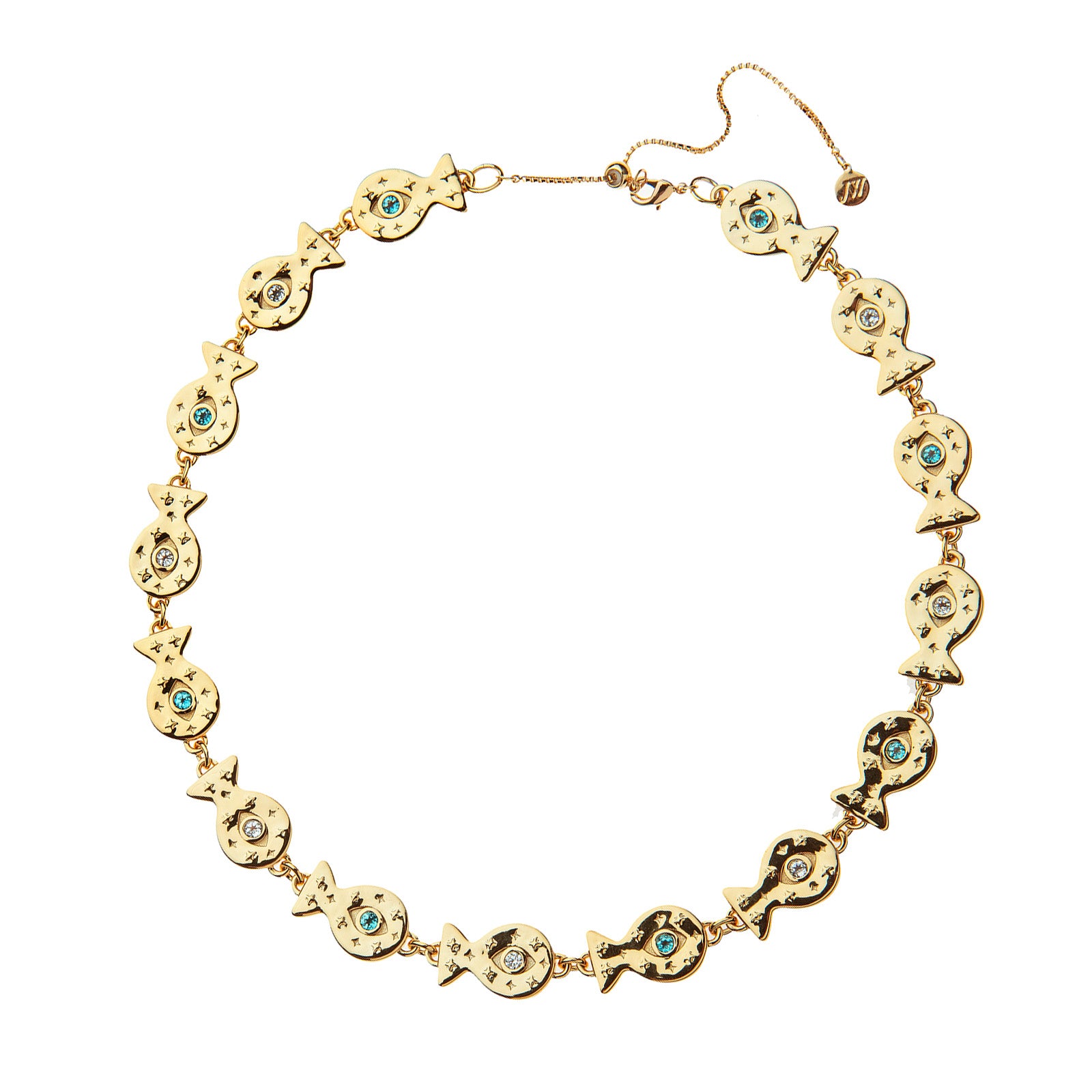 Gold necklace of flat goldfish with star details and alternating white topaz and blue topaz stones