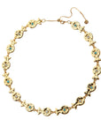 Gold necklace of flat goldfish with star details and alternating white topaz and blue topaz stones