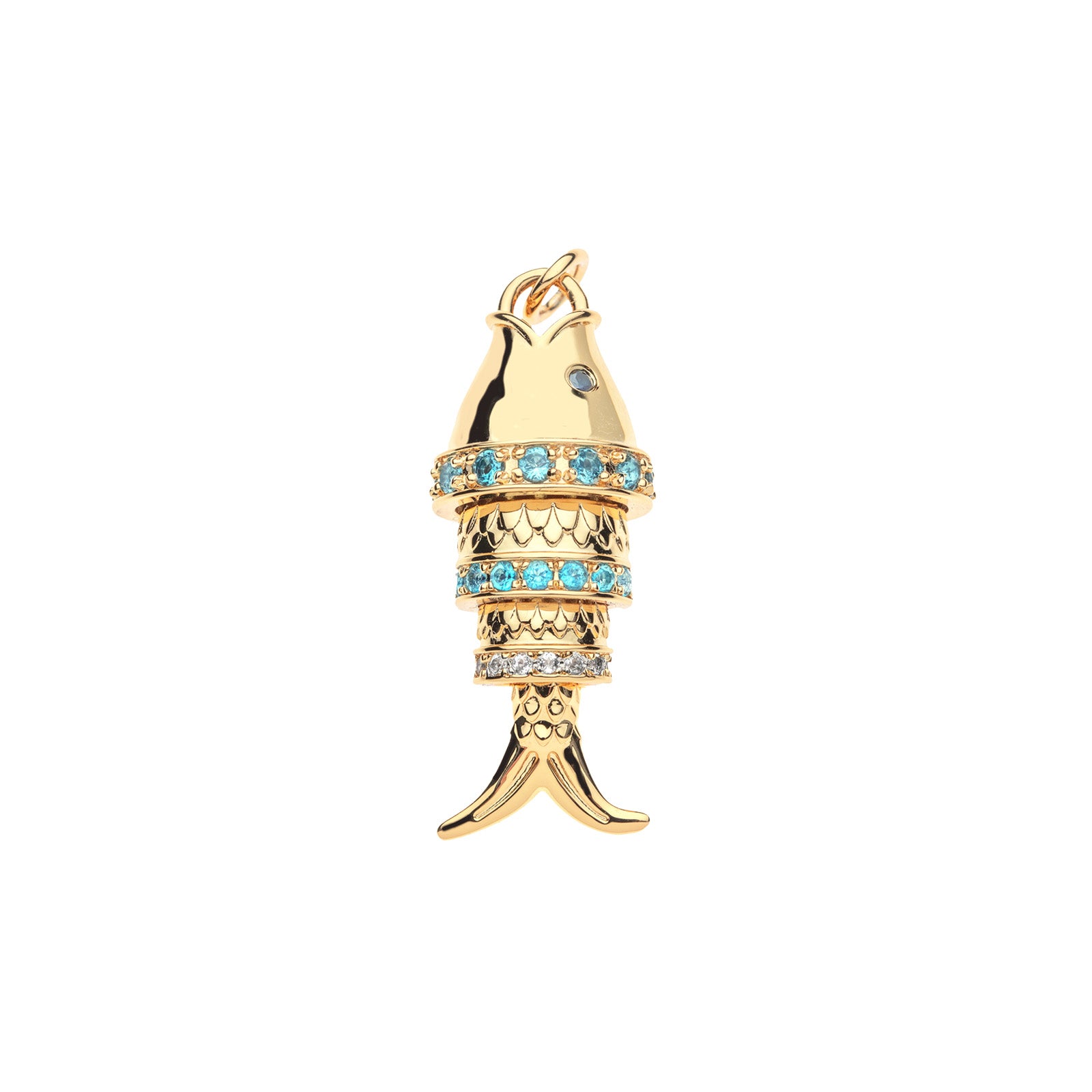 Gold articulated fish pendant accented with white topaz, aquamarine, and blue topaz stones
