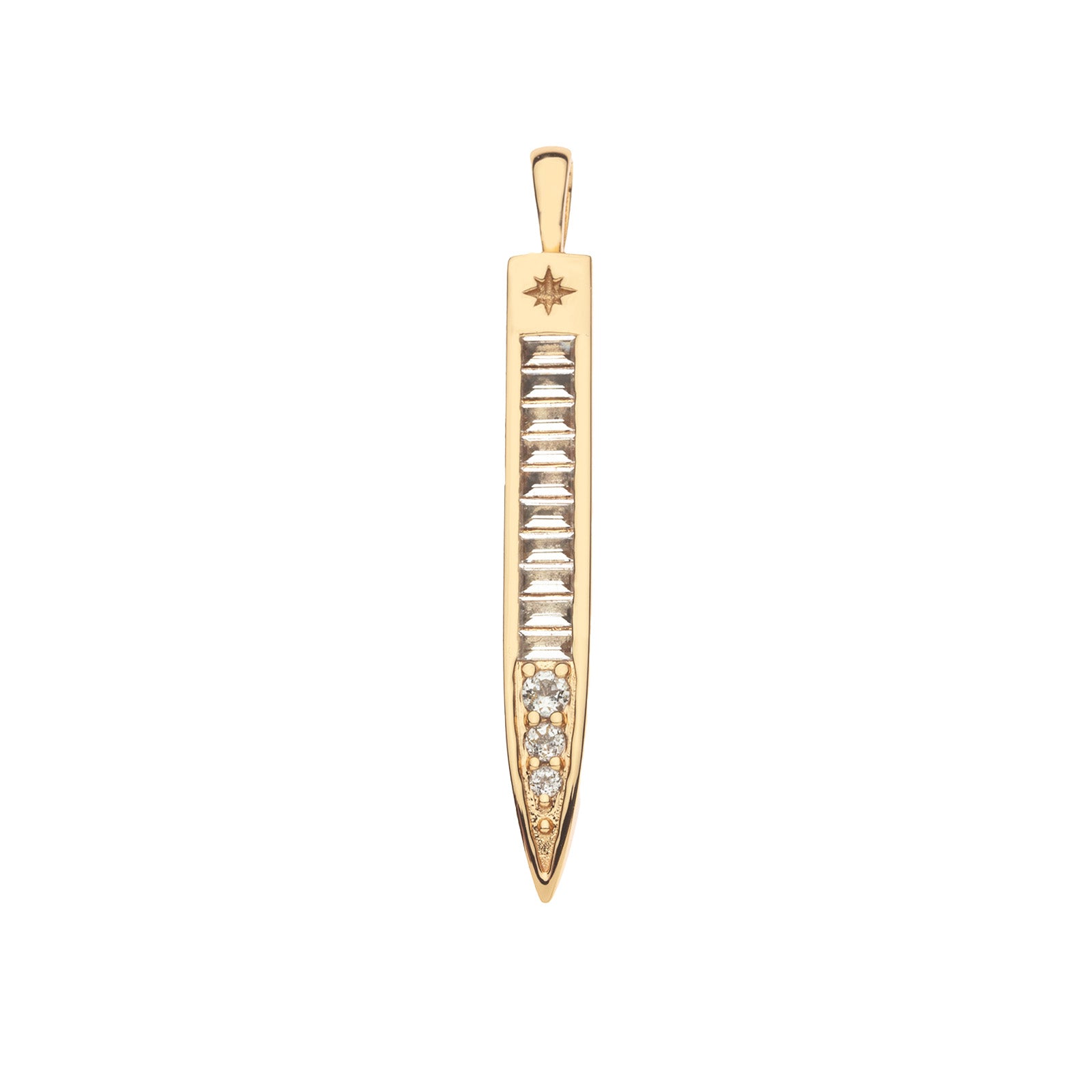 Gold sun ray pendant with white topaz baguette stones and star detail