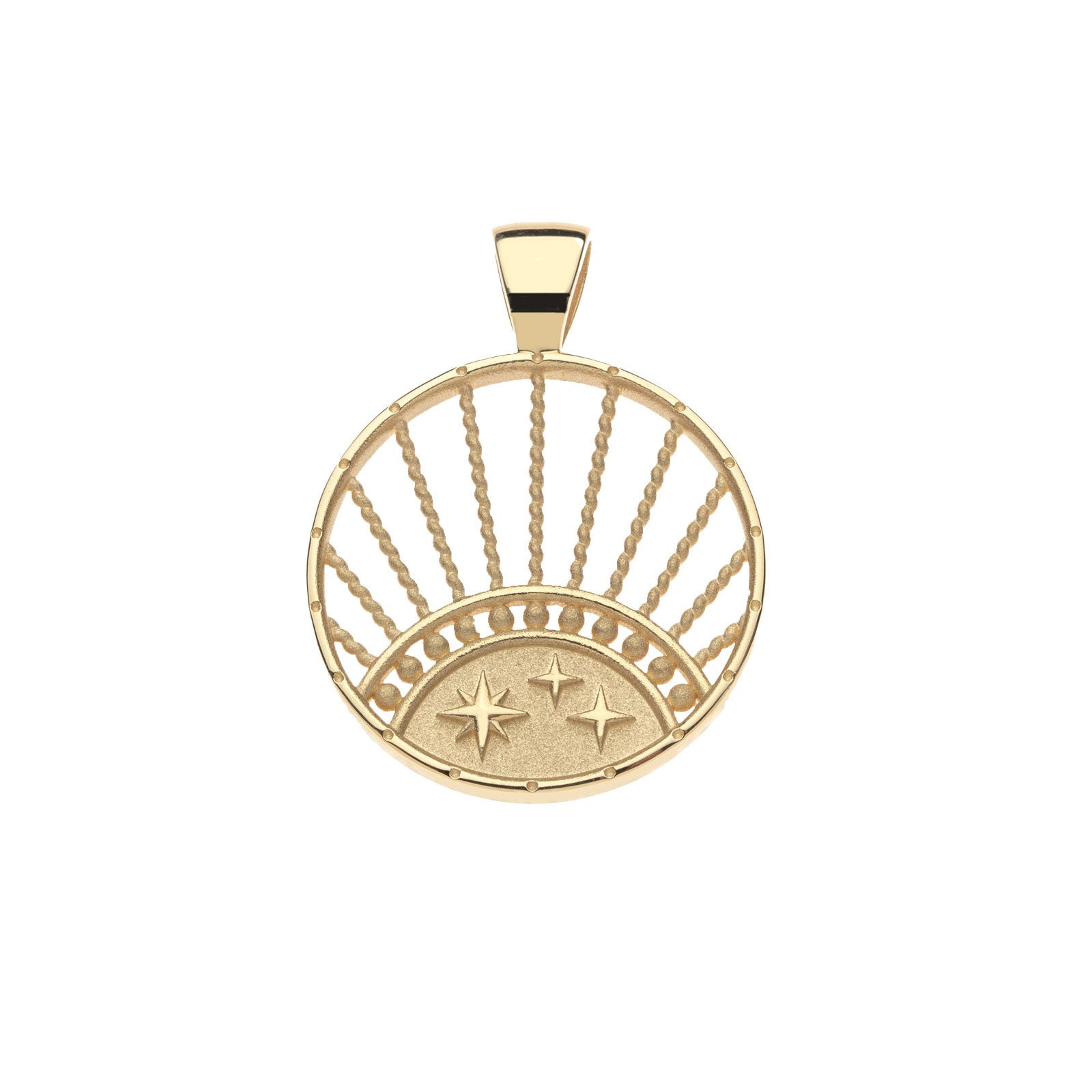 Gold Strong rising sun cutout coin features cutout sunrays and star details