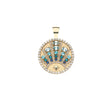 Gold embellished sun coin pendant featuring aquamarine, topaz, and sapphire stones with white sapphire border