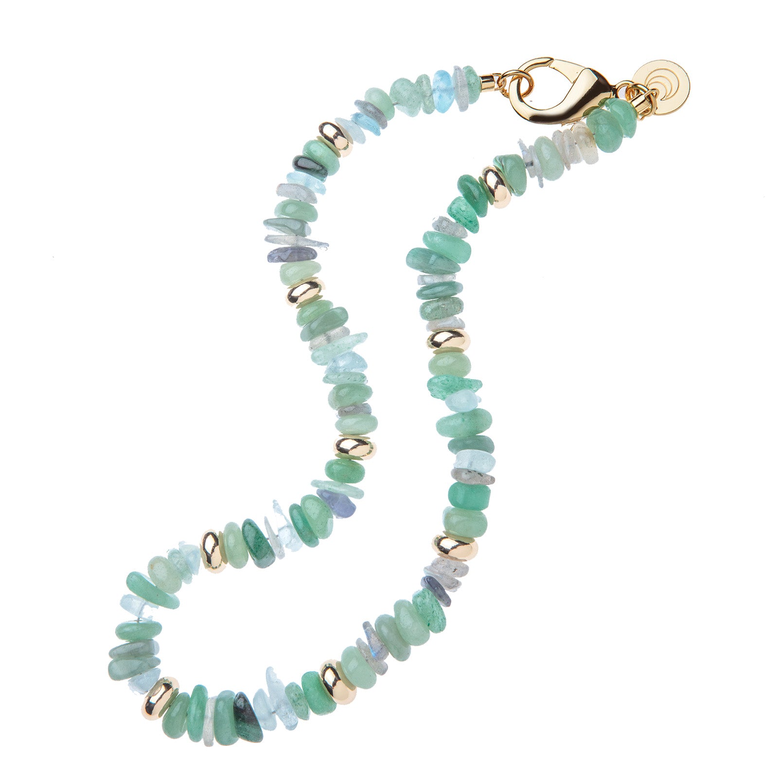 Beaded necklace of Labradorite, Aquamarine, Rut Quartz, Green Strawberry Quartz, and Green Aventurine with gold bead details and oversized gold clasp