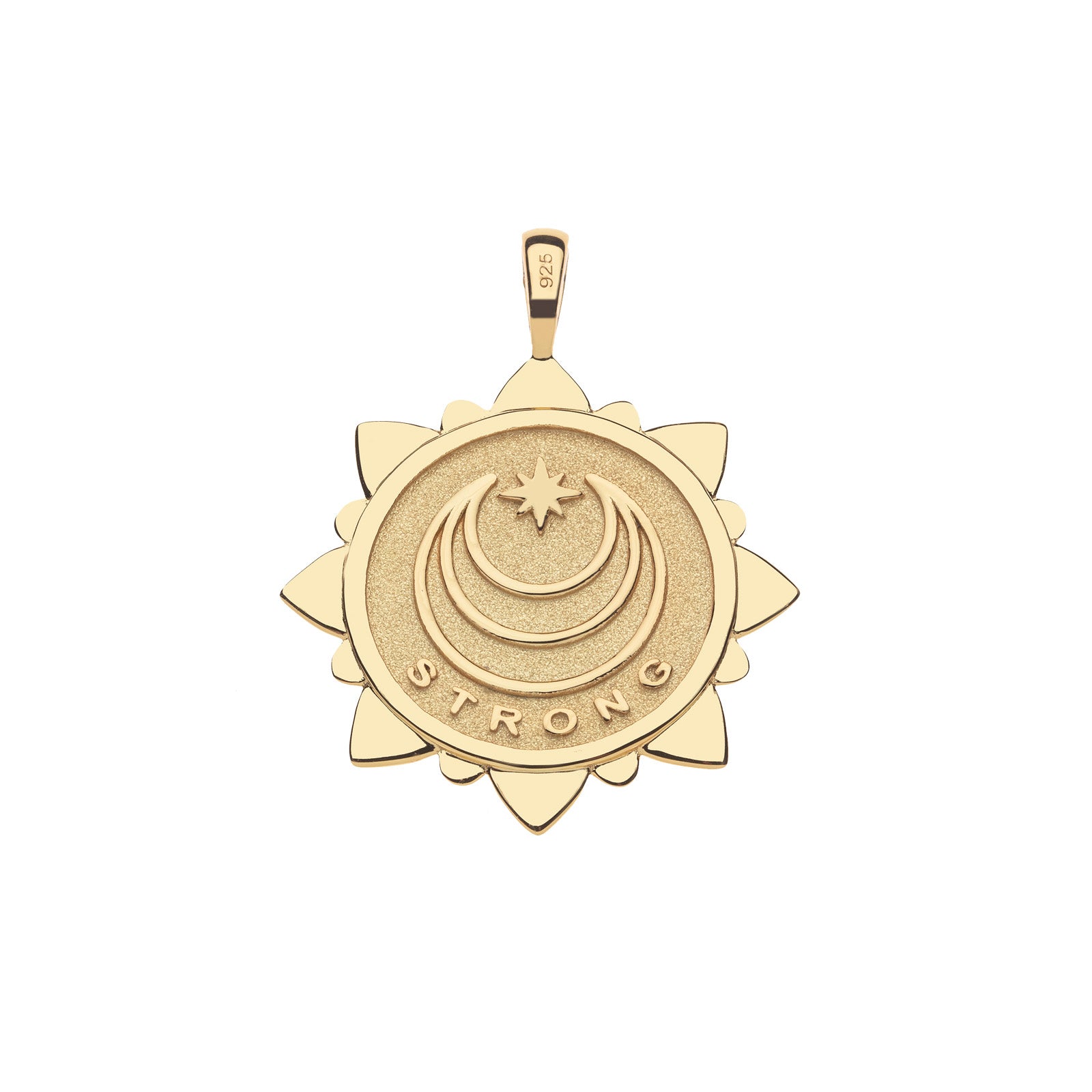 Back of gold sun pendant features moon and star logo and the word STRONG
