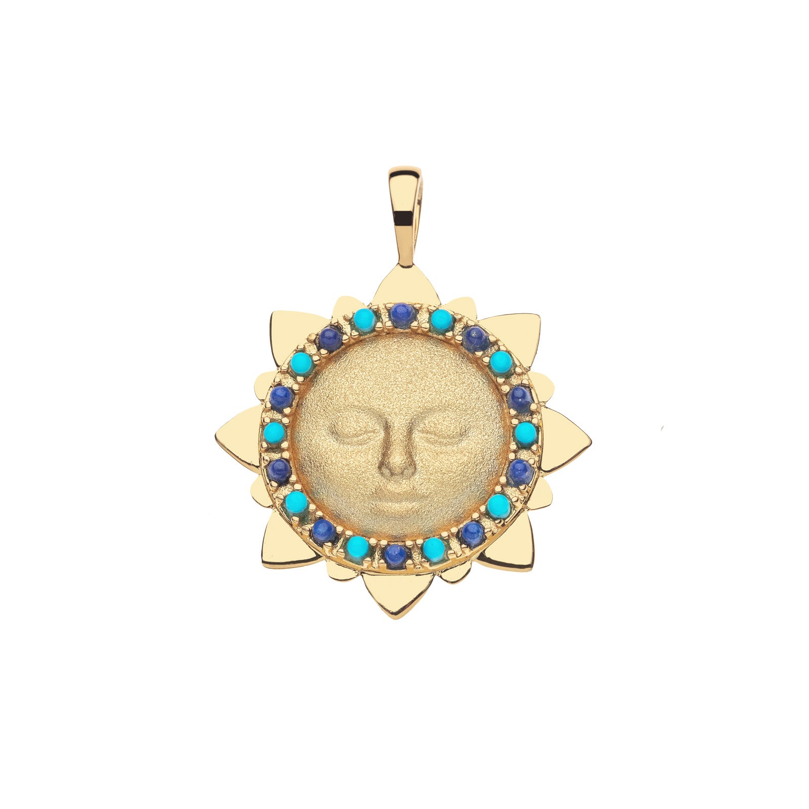 Gold sun face pendant featuring border of alternating lapis and turquoise stones