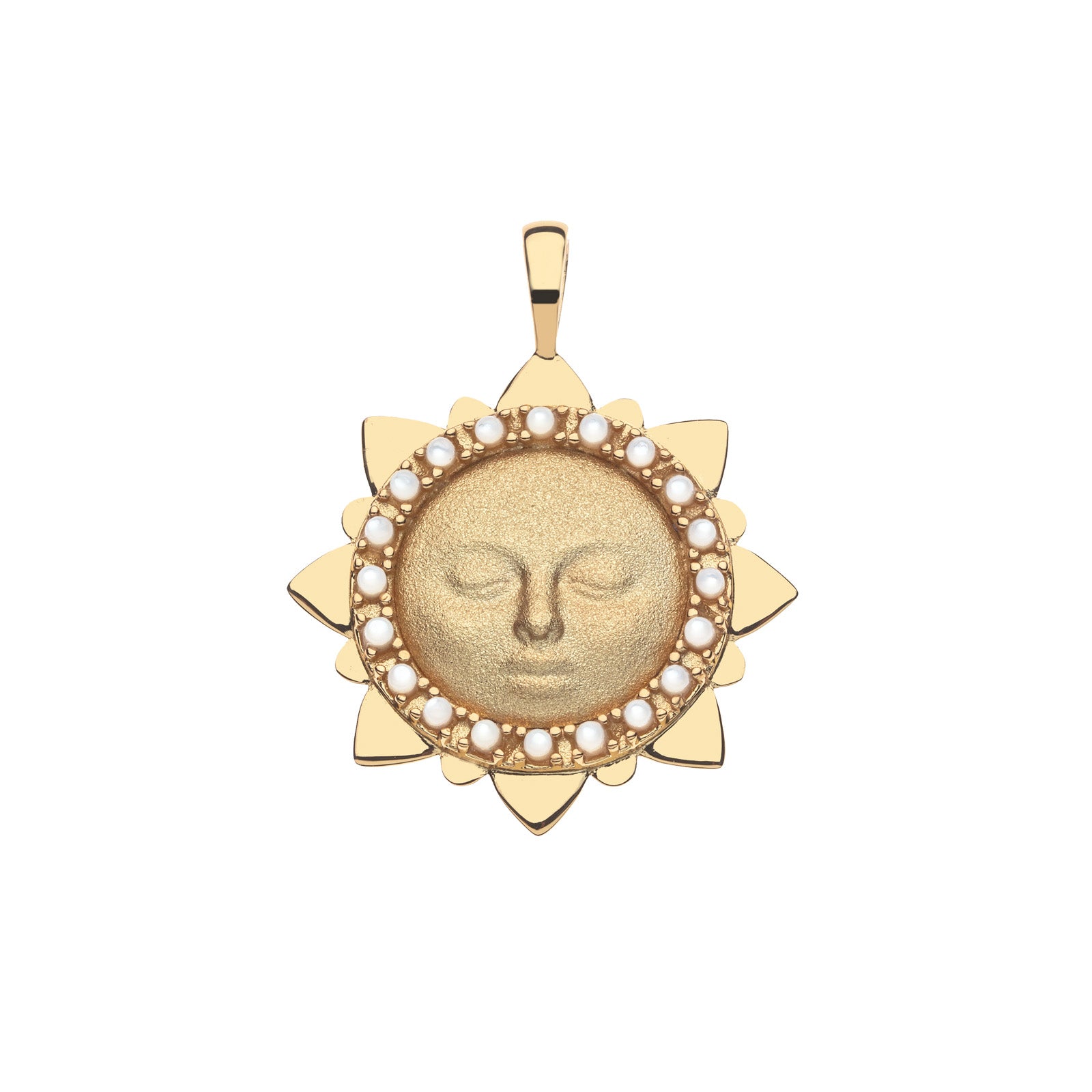 Gold sun face pendant featuring mother of pearl detail on border