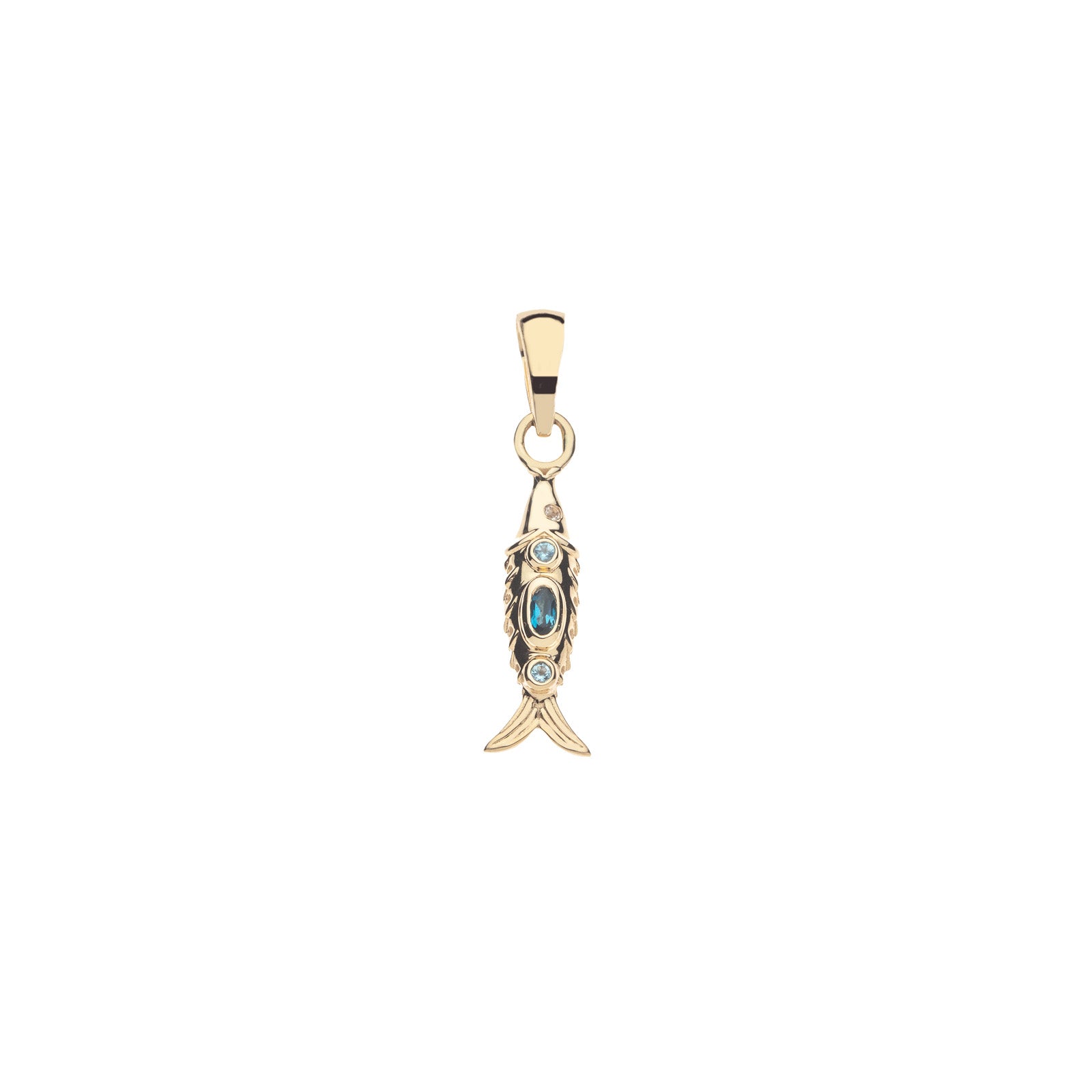 Gold fish pendant featuring blue topaz and white topaz stones