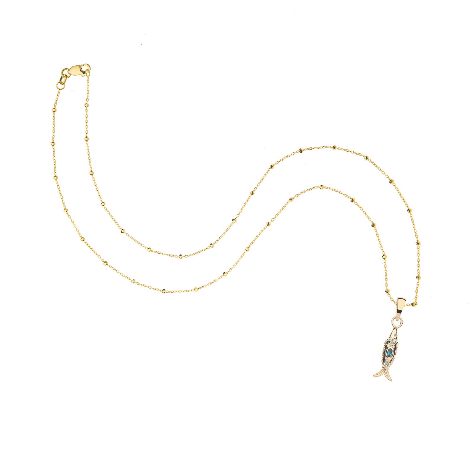 Gold fish pendant on 14 karat beaded satellite chain