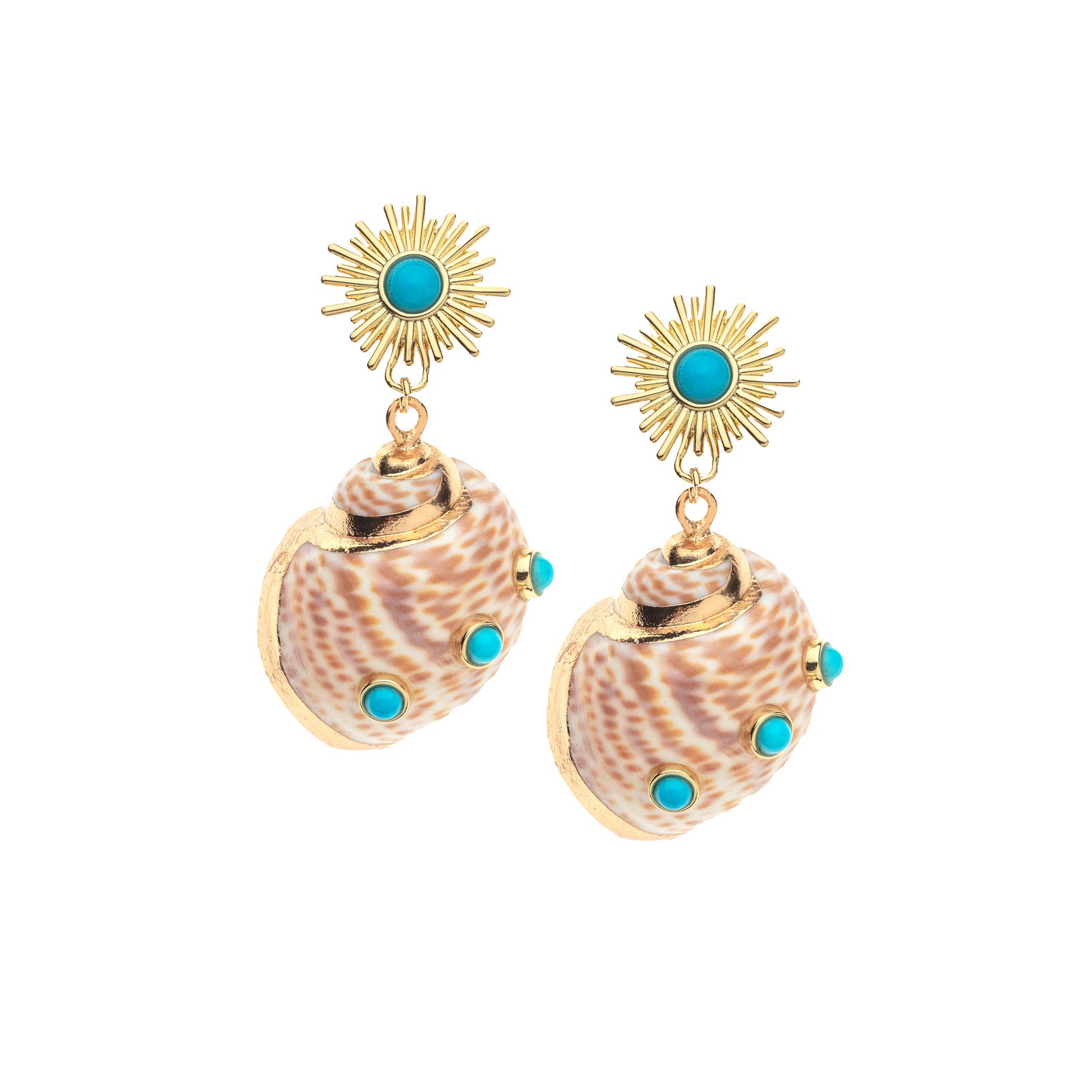 Earrings feature gold sun stud with turquoise center and hermit crab shell drops embellished with turquoise cabochons