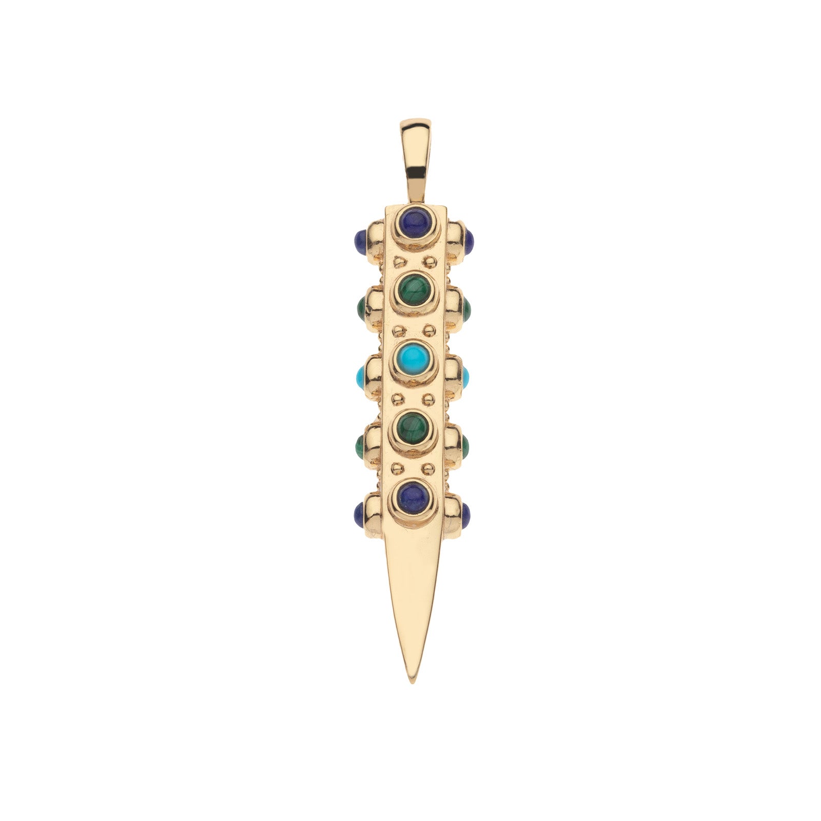 Gold sun ray pendant embellished with malachite, lapis, and turquoise cabochon stones on each side