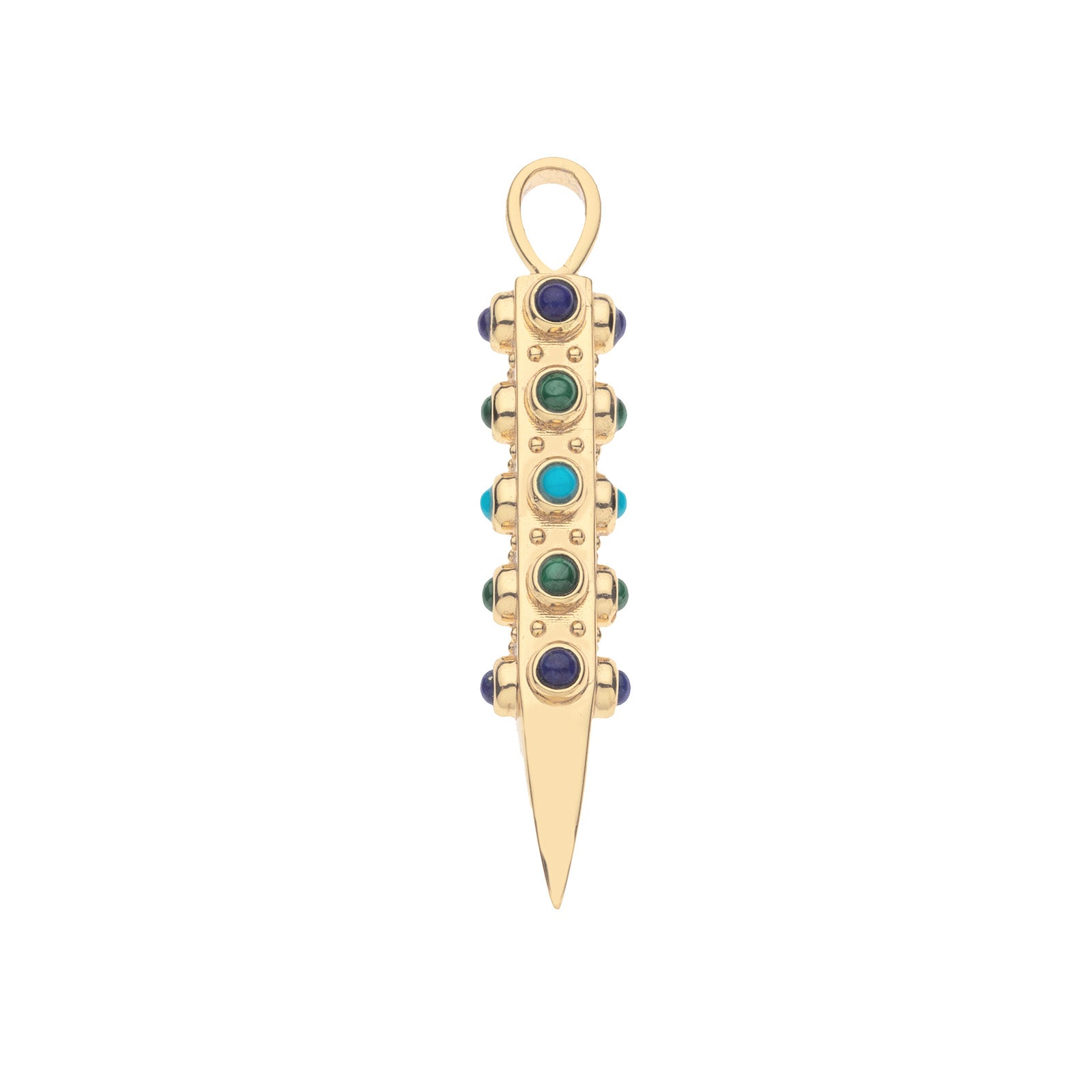 Gold sun ray pendant embellished with malachite, lapis, and turquoise cabochon stones on each side