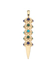 Gold sun ray pendant embellished with malachite, lapis, and turquoise cabochon stones on each side