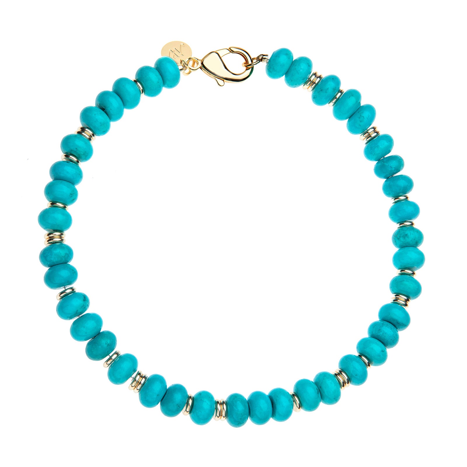 Beaded necklace features chunky turquoise beads with flat gold beads mixed in and oversized gold lobster clasp