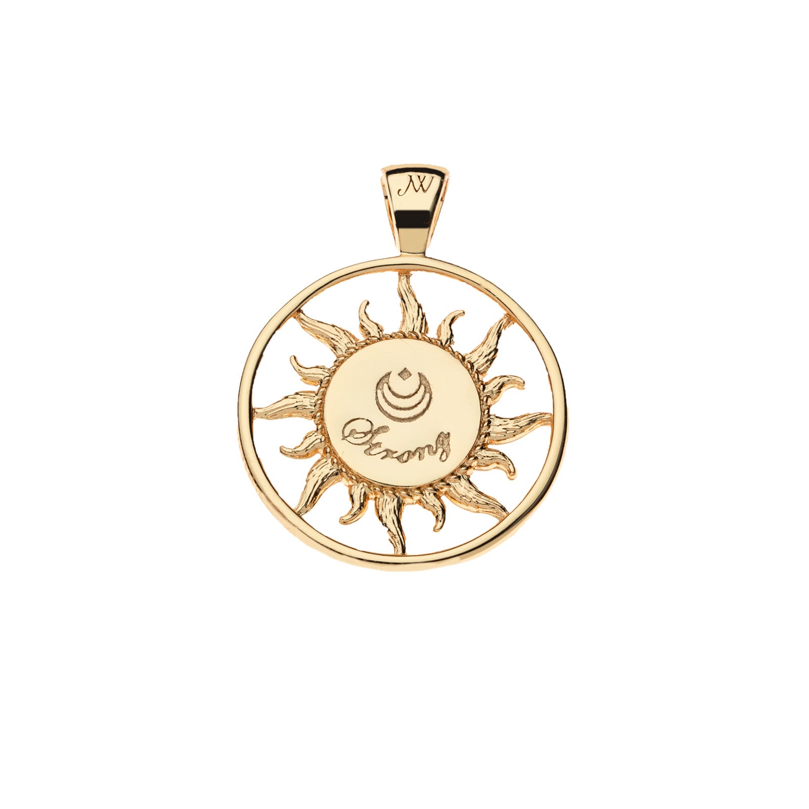 Back of gold cutout sun coin pendant features moon and star logo and the word STRONG