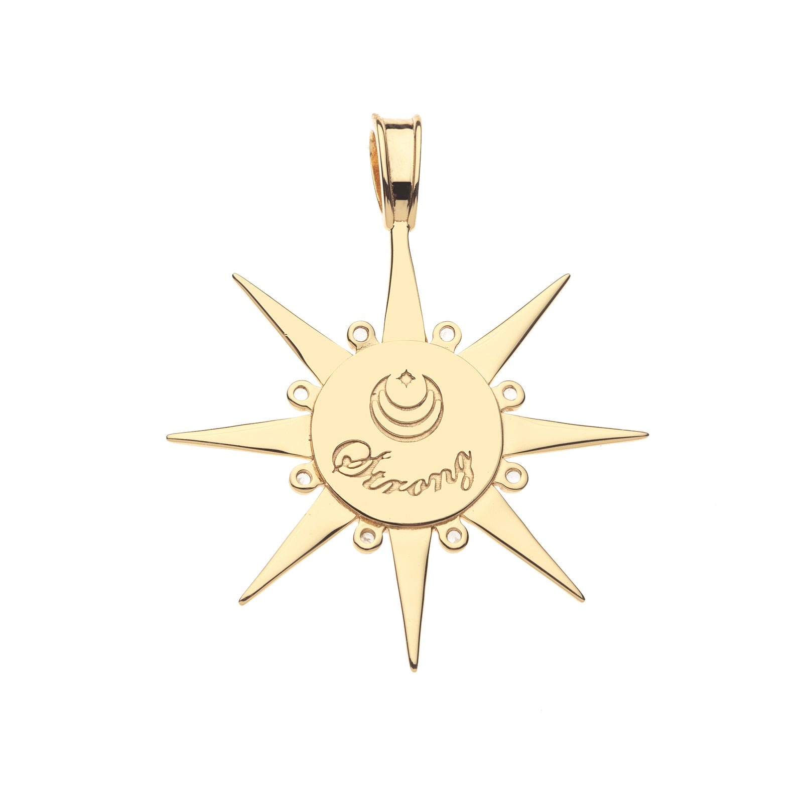 Back of strong supernova pendant features Jane Win moon and star log and the word STRONG