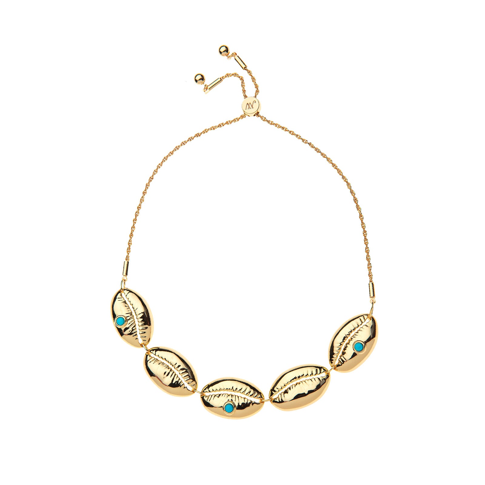 Slider bracelet features gold cowrie shells with turquoise cabochon accents