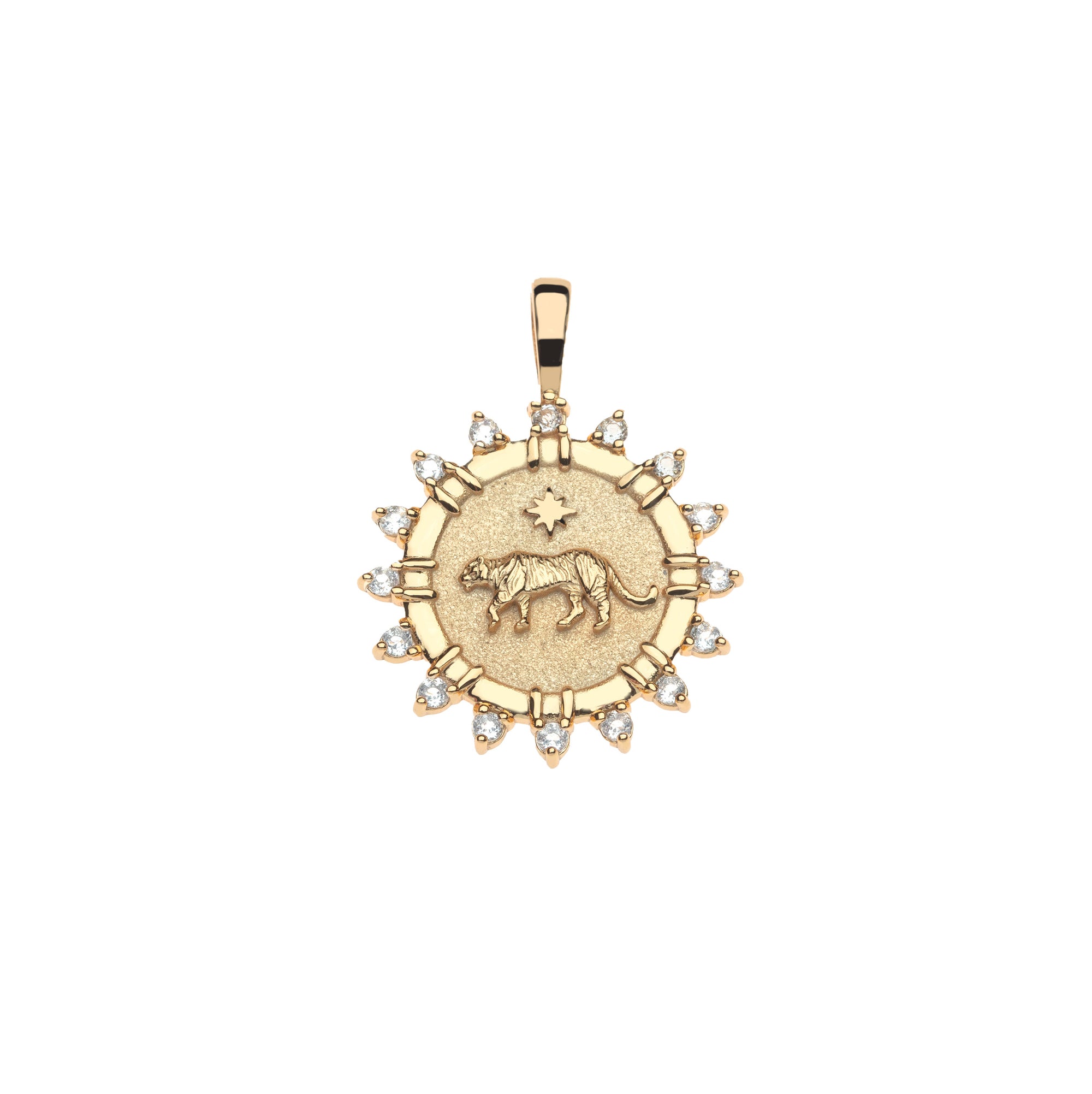 Gold petite embellished coin featuring tiger motif with star detail. Border of white topaz stones.