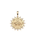 Gold petite embellished coin featuring tiger motif with star detail. Border of white topaz stones.