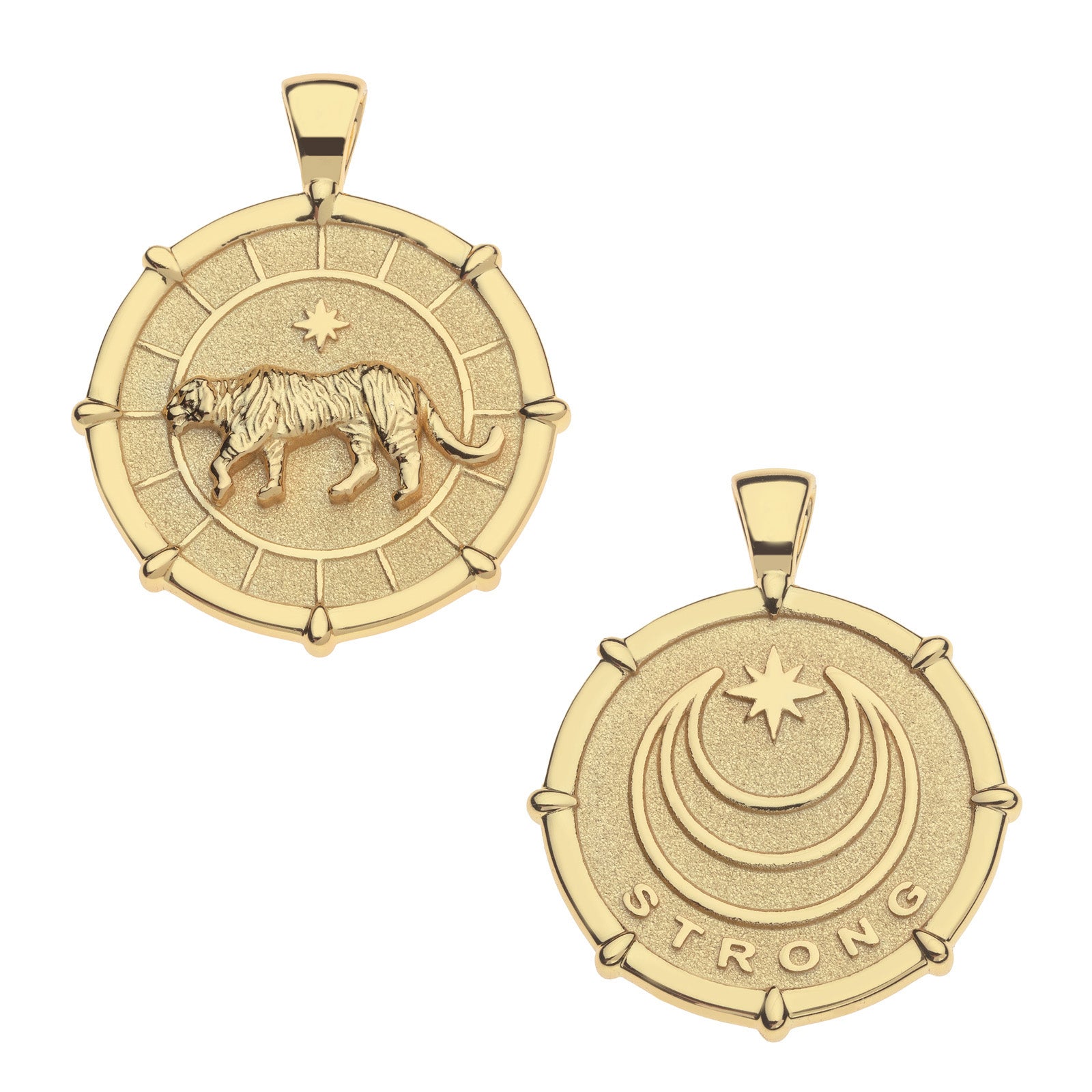 Front and back of strong tiger coin pendant. Back features the Jane Win moon and star logo with the word STRONG. 