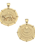 Front and back of strong tiger coin pendant. Back features the Jane Win moon and star logo with the word STRONG. 