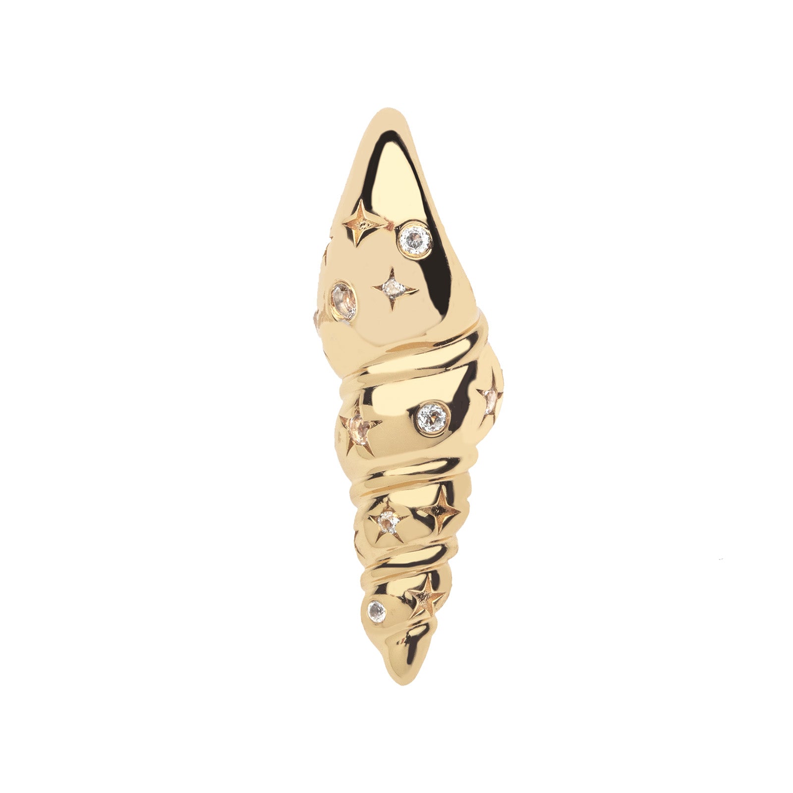Side view of gold shell pendant shows more of star details and white topaz accents