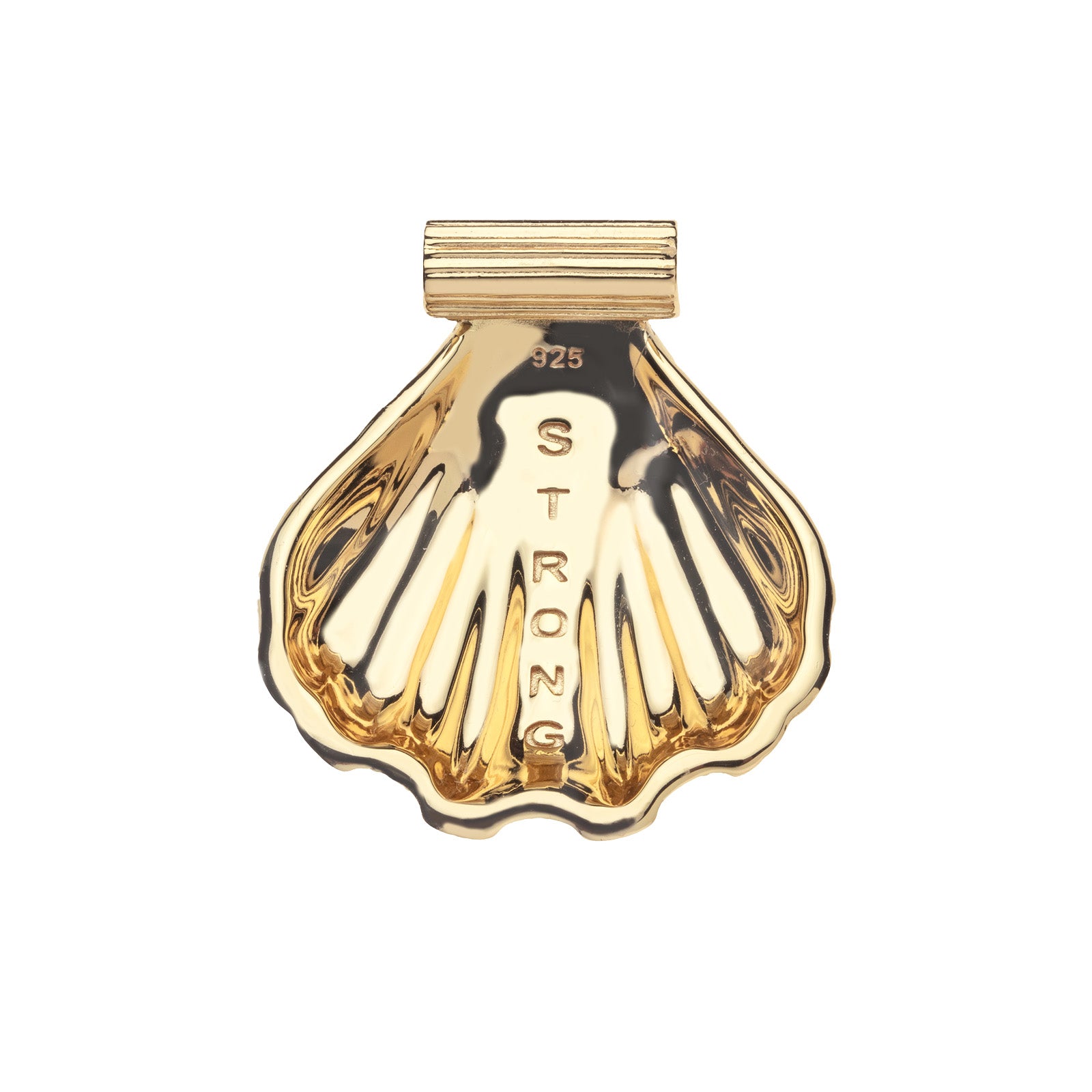 Back of clamshell pendant features the word STRONG