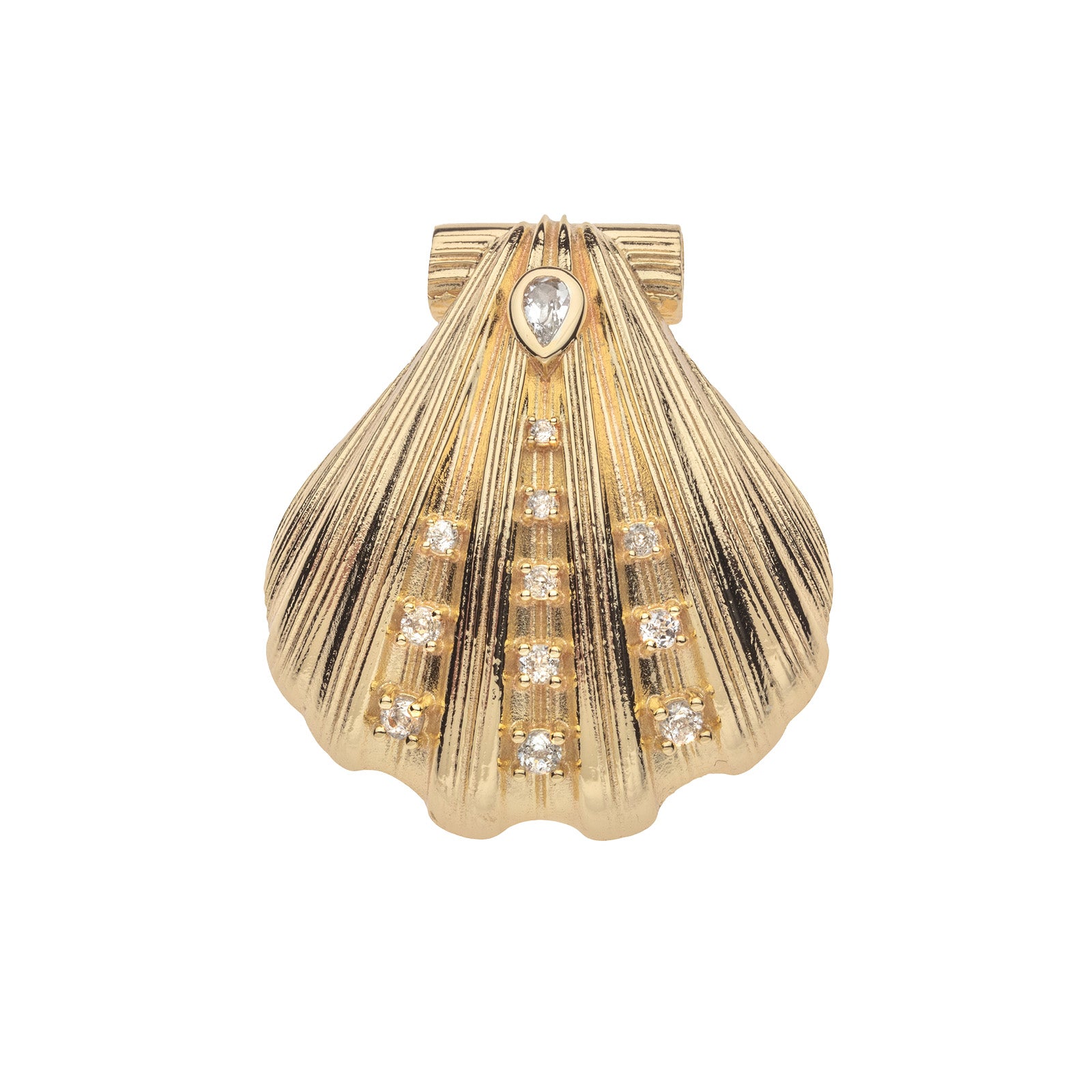 Gold clamshell pendant featuring white topaz accents
