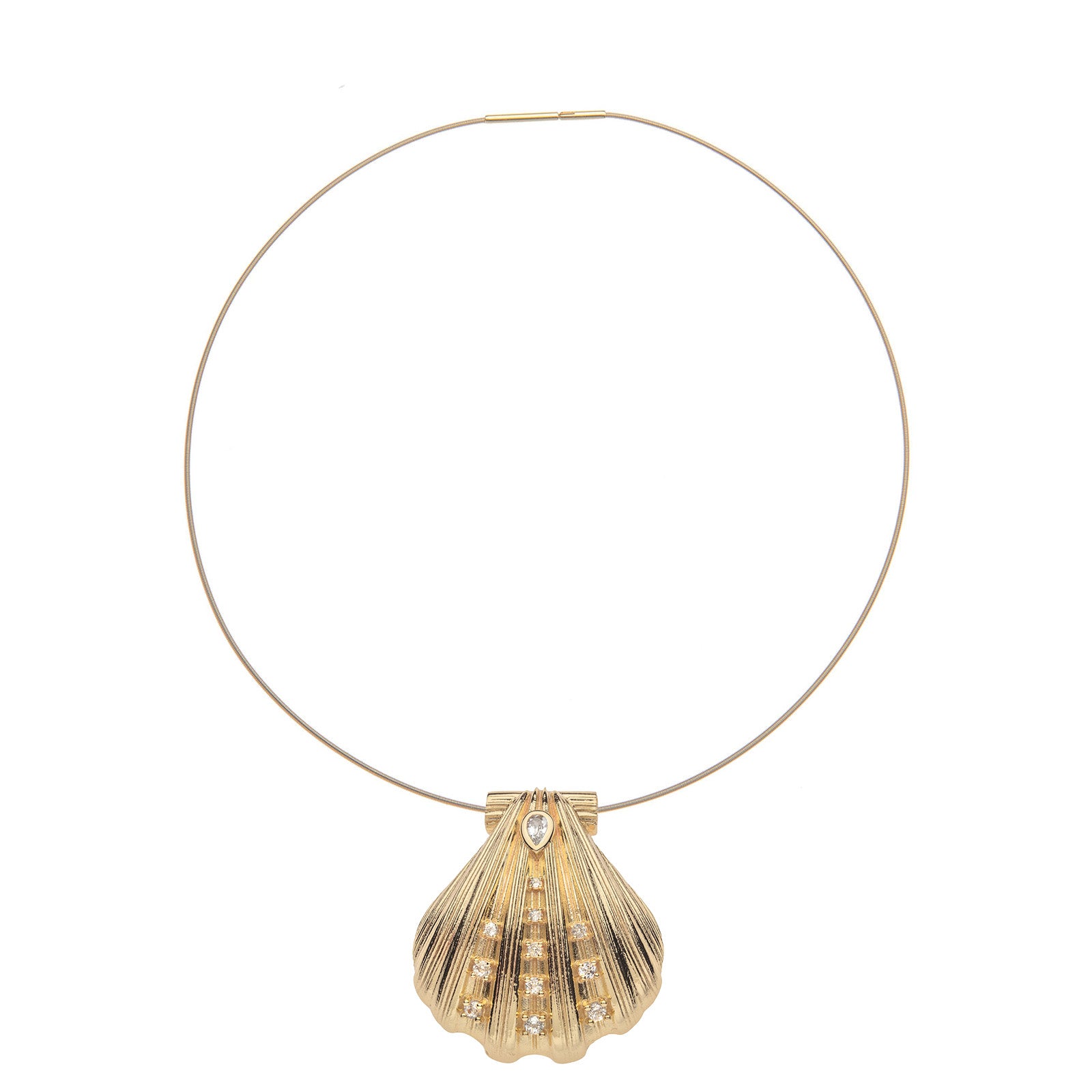 Gold clamshell pendant on omega wire