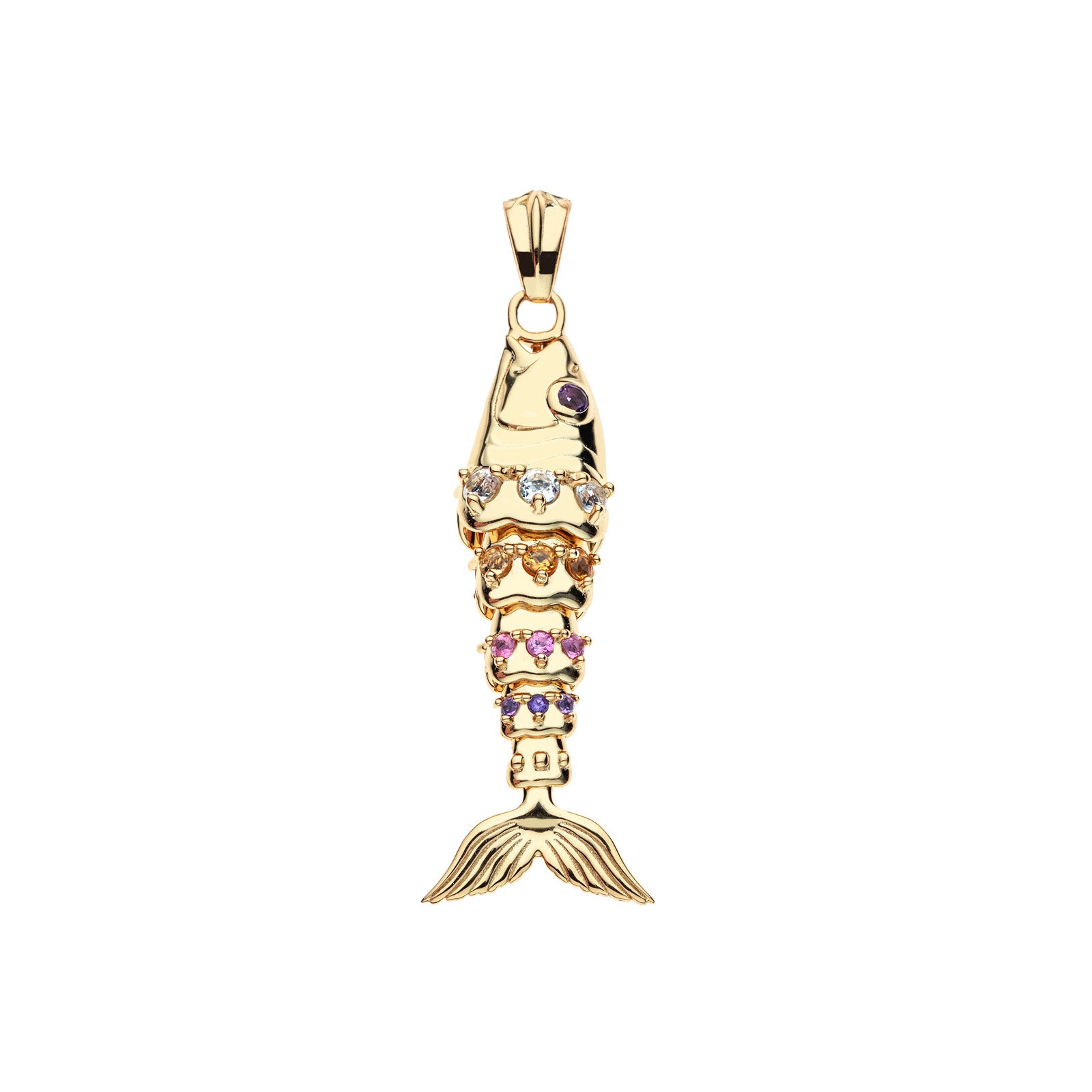 Gold fish pendant with White Topaz, Yellow Citrine, Pink Tourmaline, and Amethyst Stone accents
