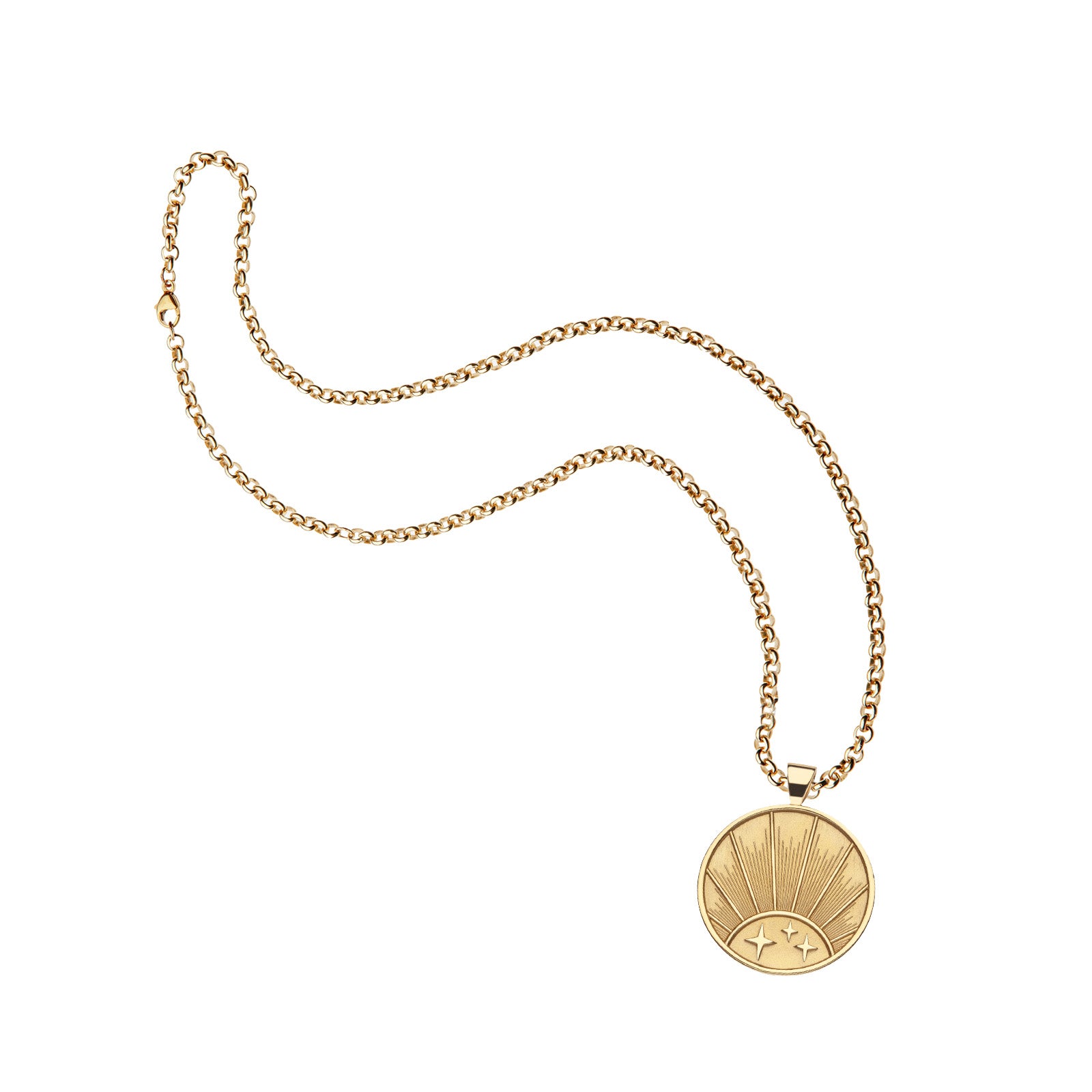 Gold Original Rising Sun Coin Pendant on grande rolo chain