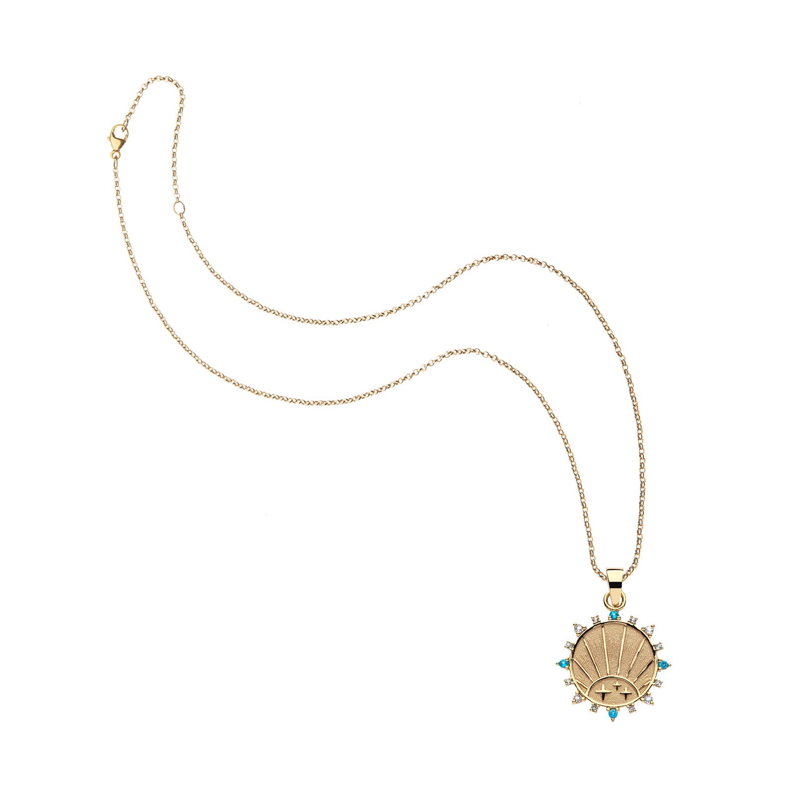 Gold petite embellished rising sun pendant on classic rolo chain