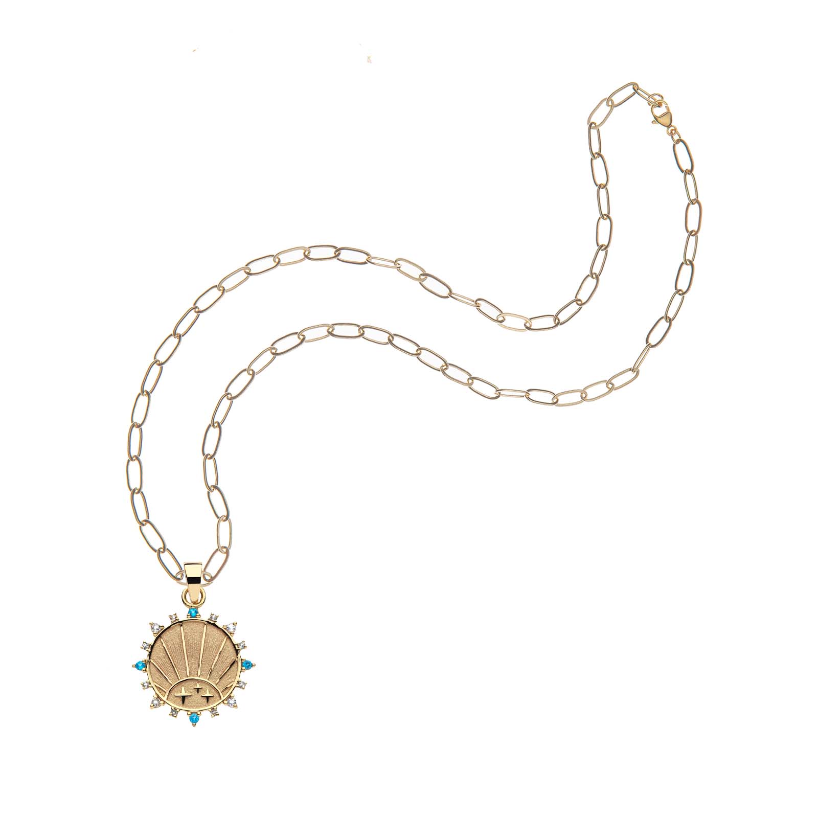 Gold petite embellished rising sun pendant on drawn link chain