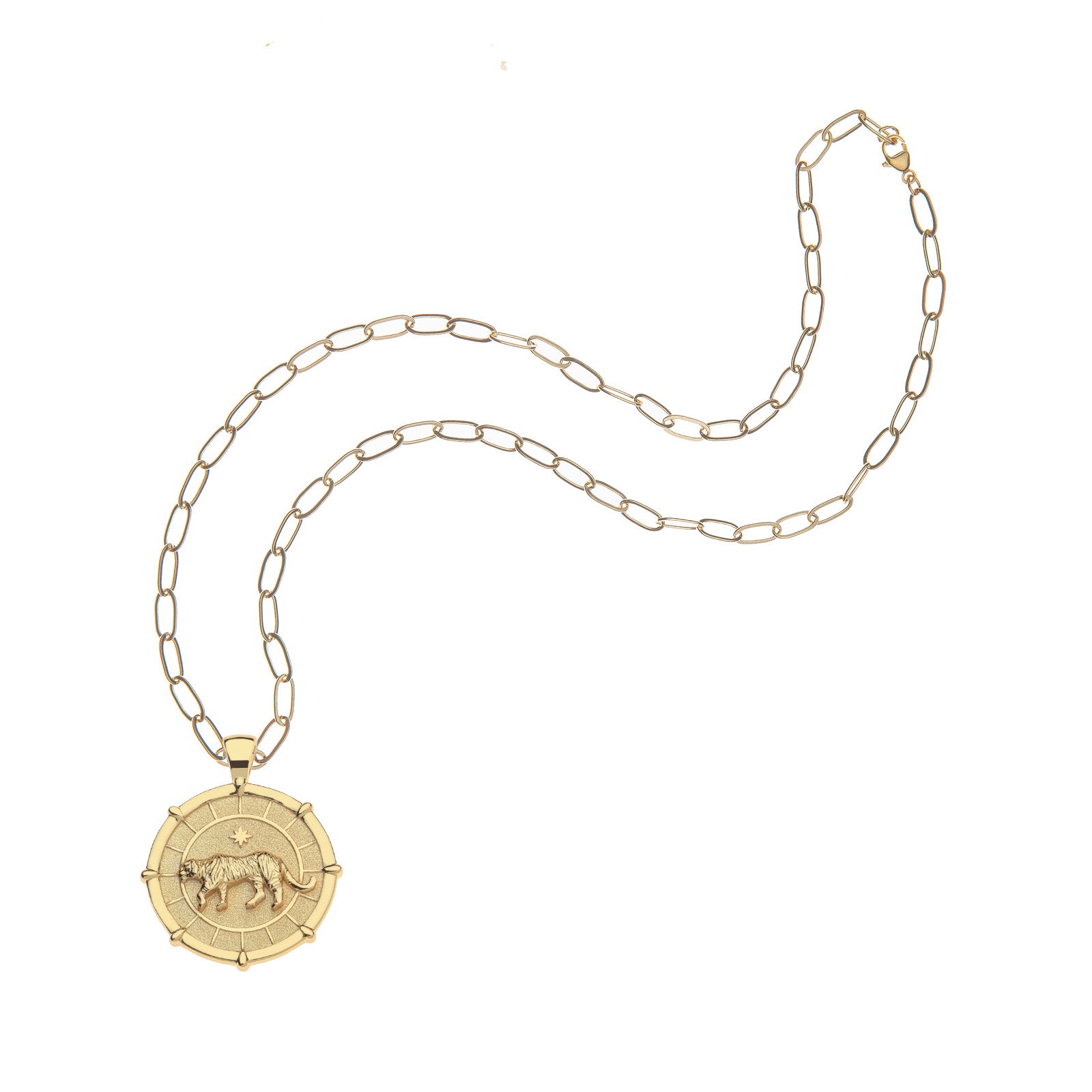 Tiger coin pendant on drawn link chain