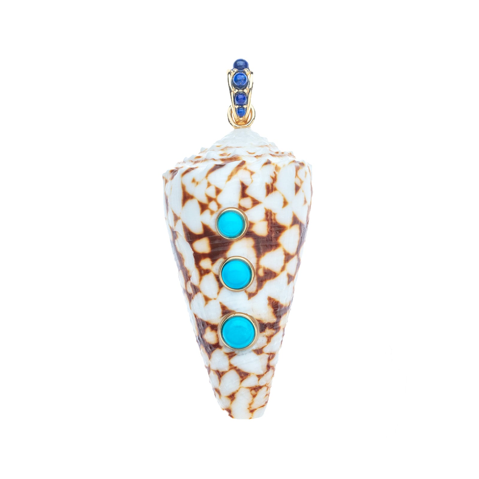 Real cone shell pendant features turquoise cabochon details on the shell and lapis cabochons on the bail