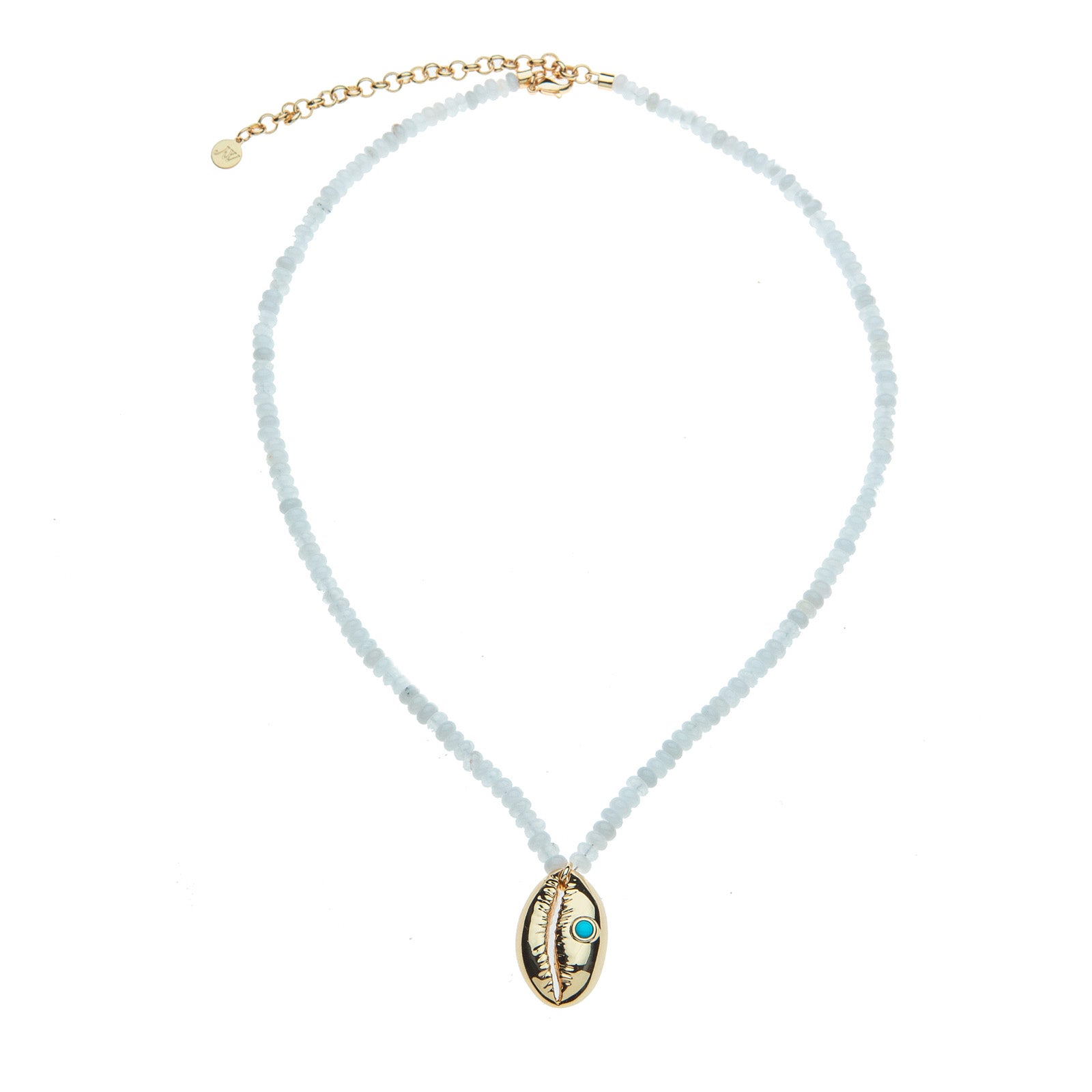 Rainbow moonstone beaded necklace featuring gold cowrie shell pendant with turquoise cabochon accent