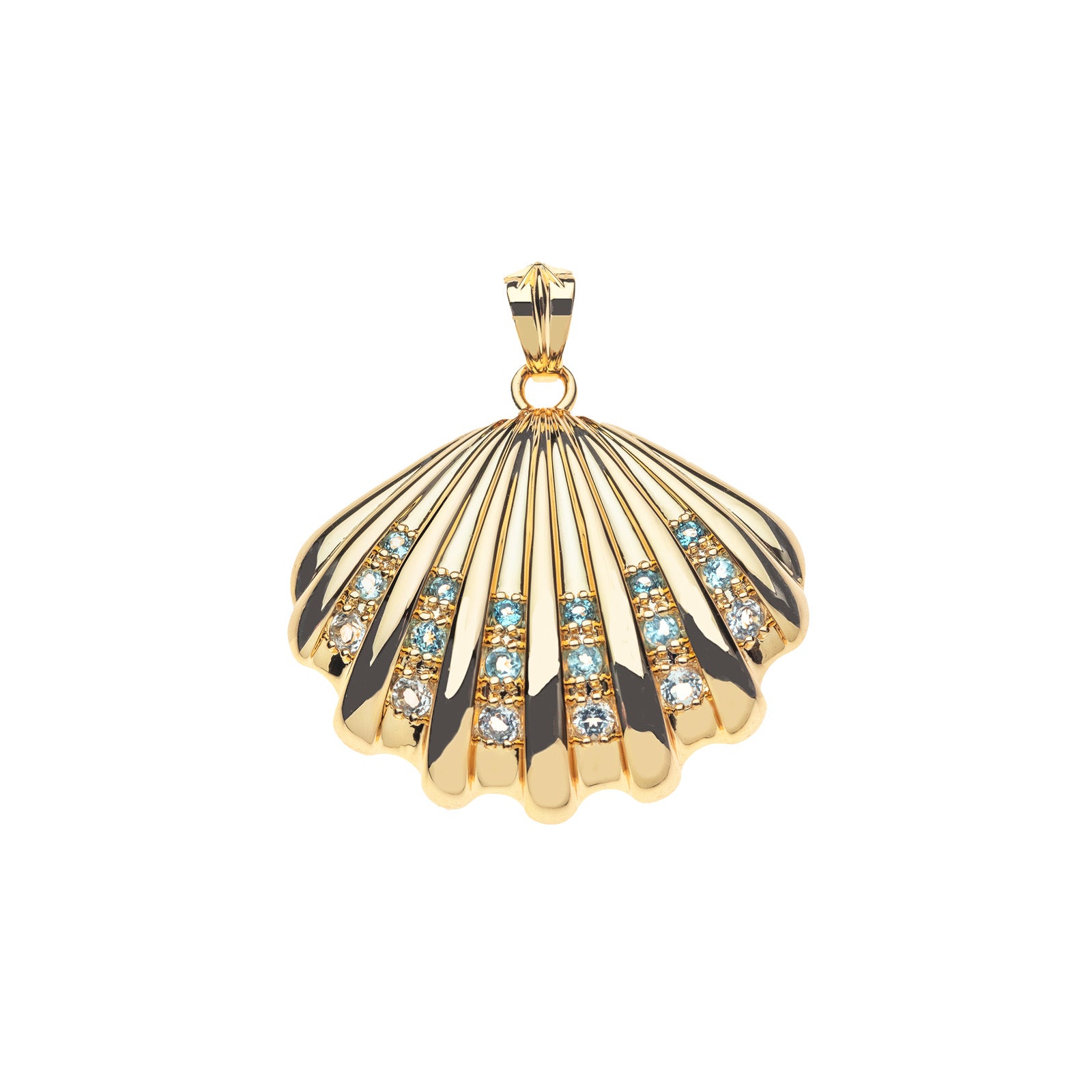 Gold scallop shell pendant featuring white topaz, sky blue topaz, and London blue topaz accents