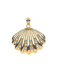 Gold scallop shell pendant featuring white topaz, sky blue topaz, and London blue topaz accents