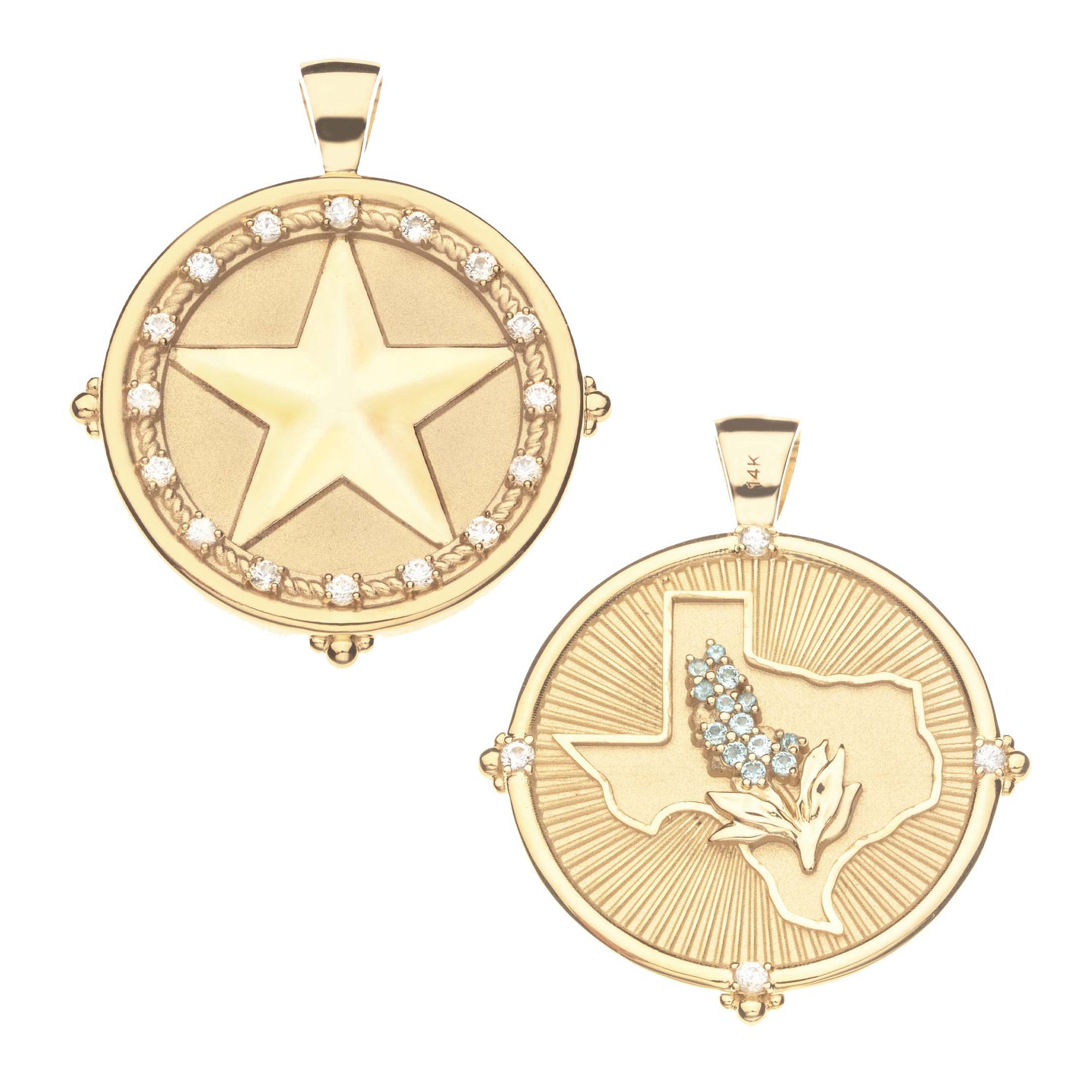 TEXAS JW Original Pendant Coin in 14k Solid Gold with Stones
