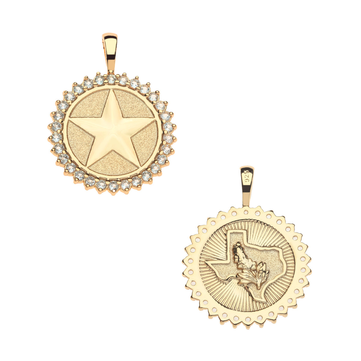 Front and back of Texas petite embellished coin. Back features an outline of the state of Texas with a blue bonnet flower.